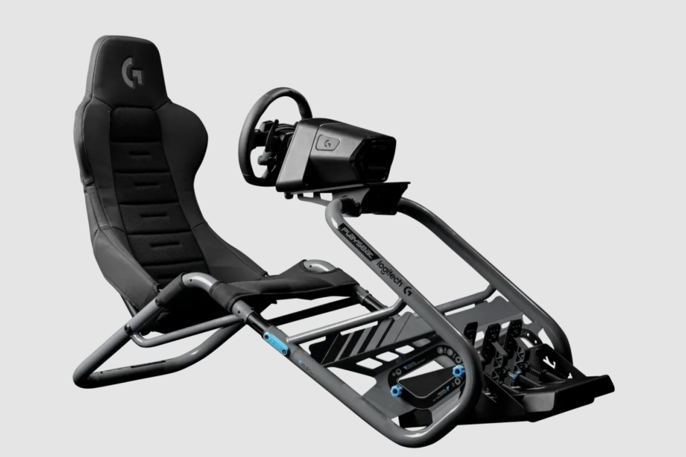 An image showing Logitech and Playseat’s cockpit with a Logitech racing wheel