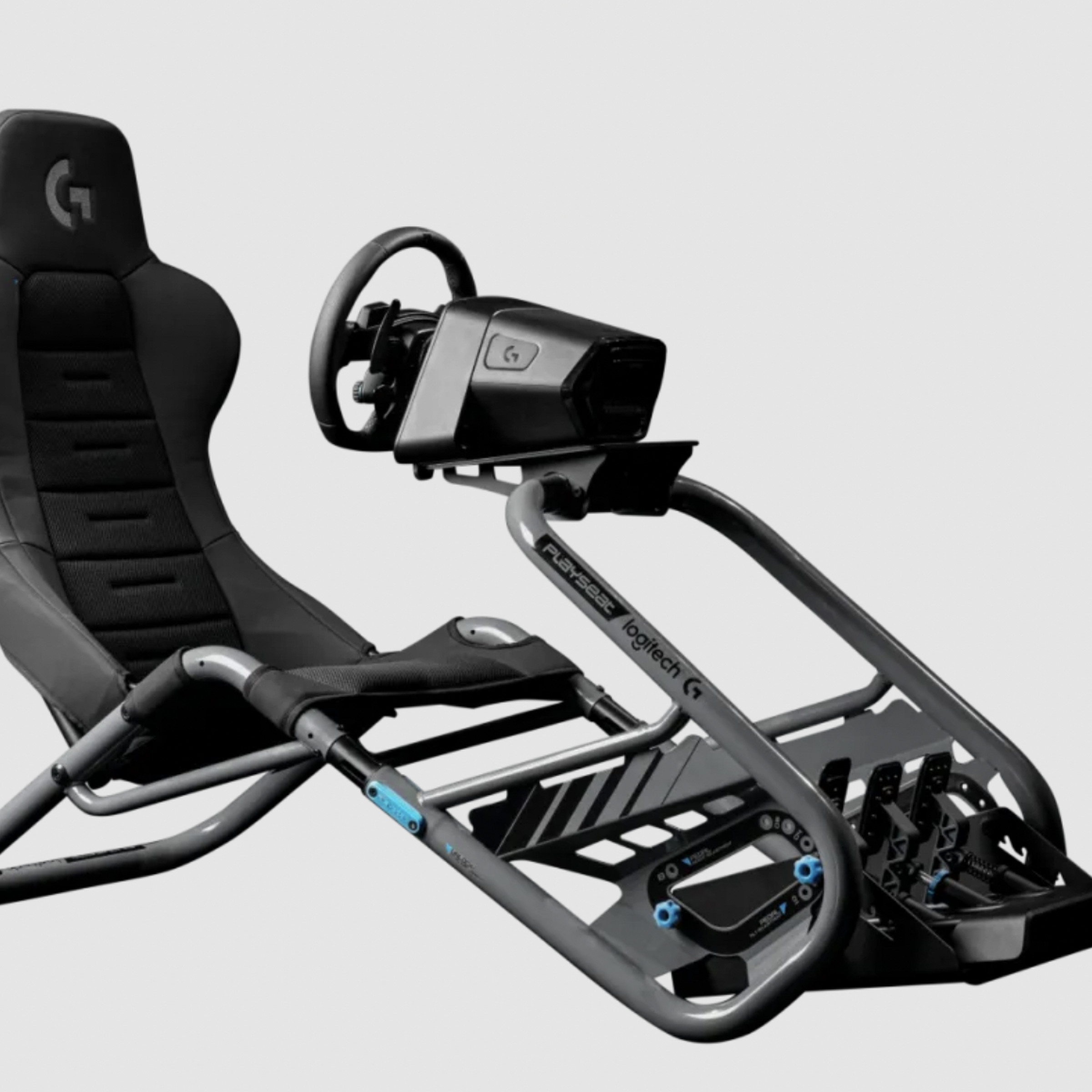 An image showing Logitech and Playseat’s cockpit with a Logitech racing wheel