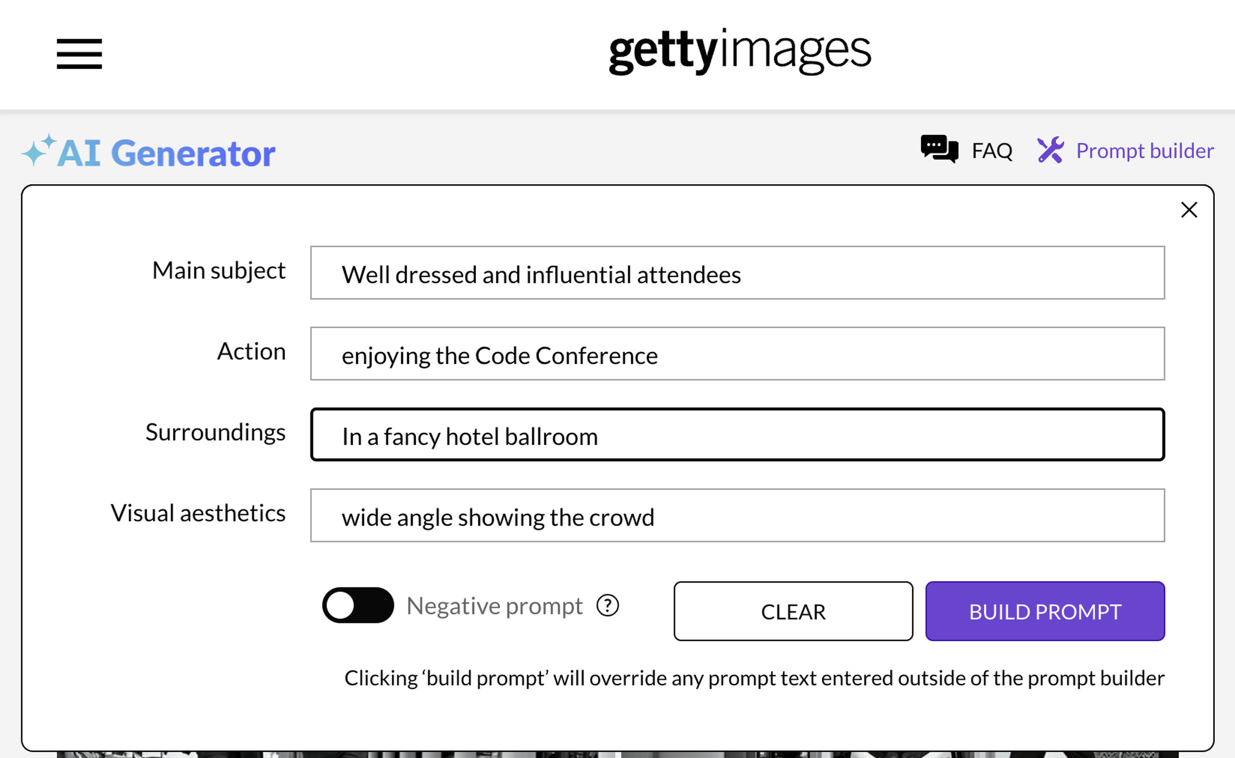 A screnshot of the Getty Images AI image generation tool, containing the prompt “well-dressed and influential attendees enjoying the Code conference in a fancy hotel ballroom.”