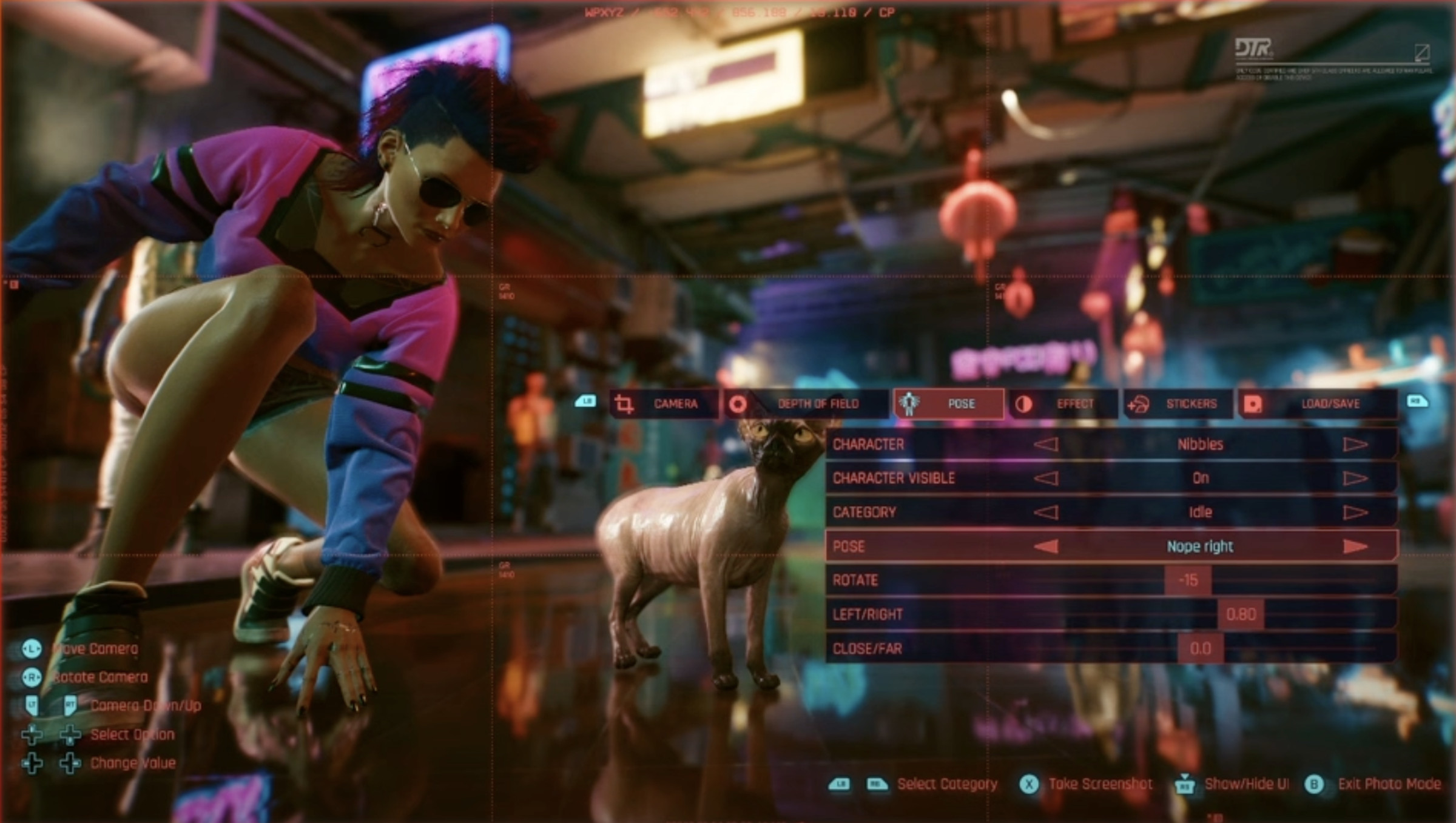 Screenshot of Cyberpunk’s photo mode, with controls for changing a cat’s pose and position.