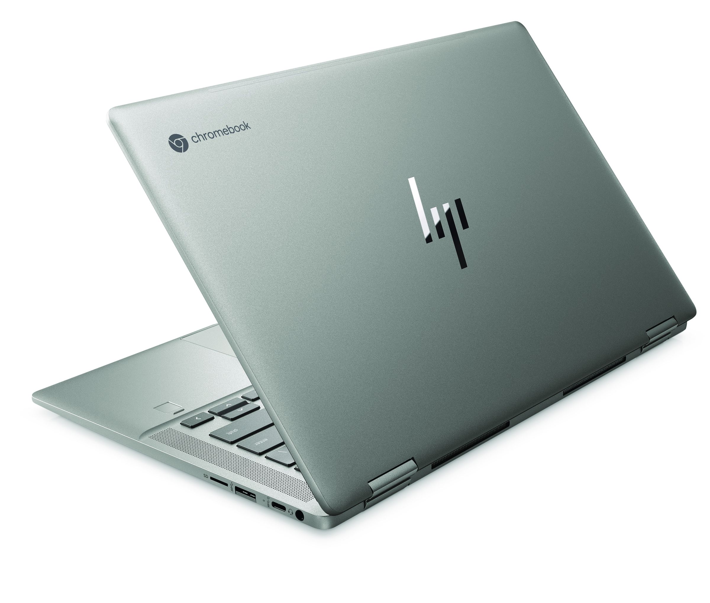 The HP Chromebook x360 14c seen from the back, angled to the left.