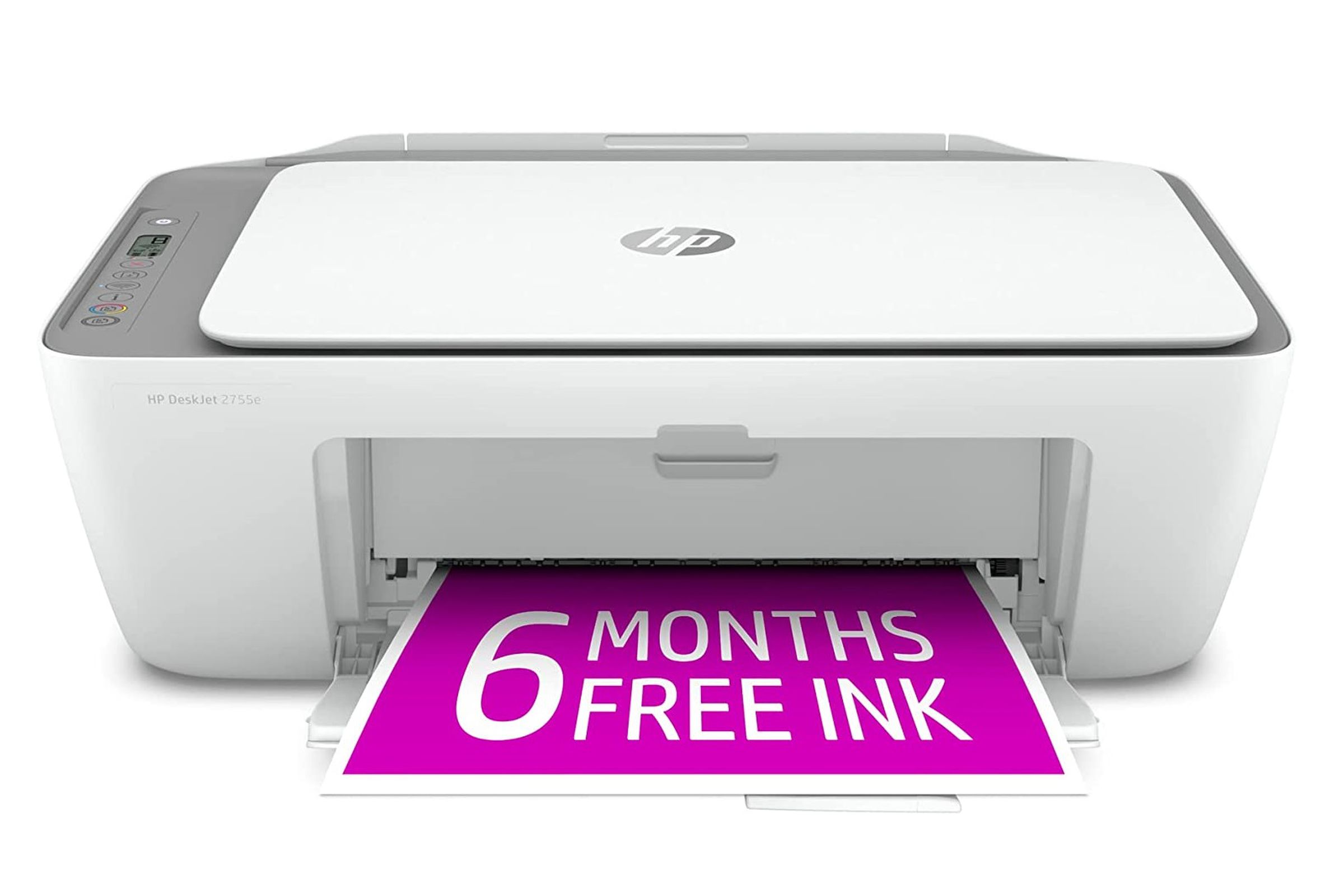 A white and gray multifunction printer with a silver HP logo up top and a purple piece of paper coming out the front that reads “6 months free ink.”