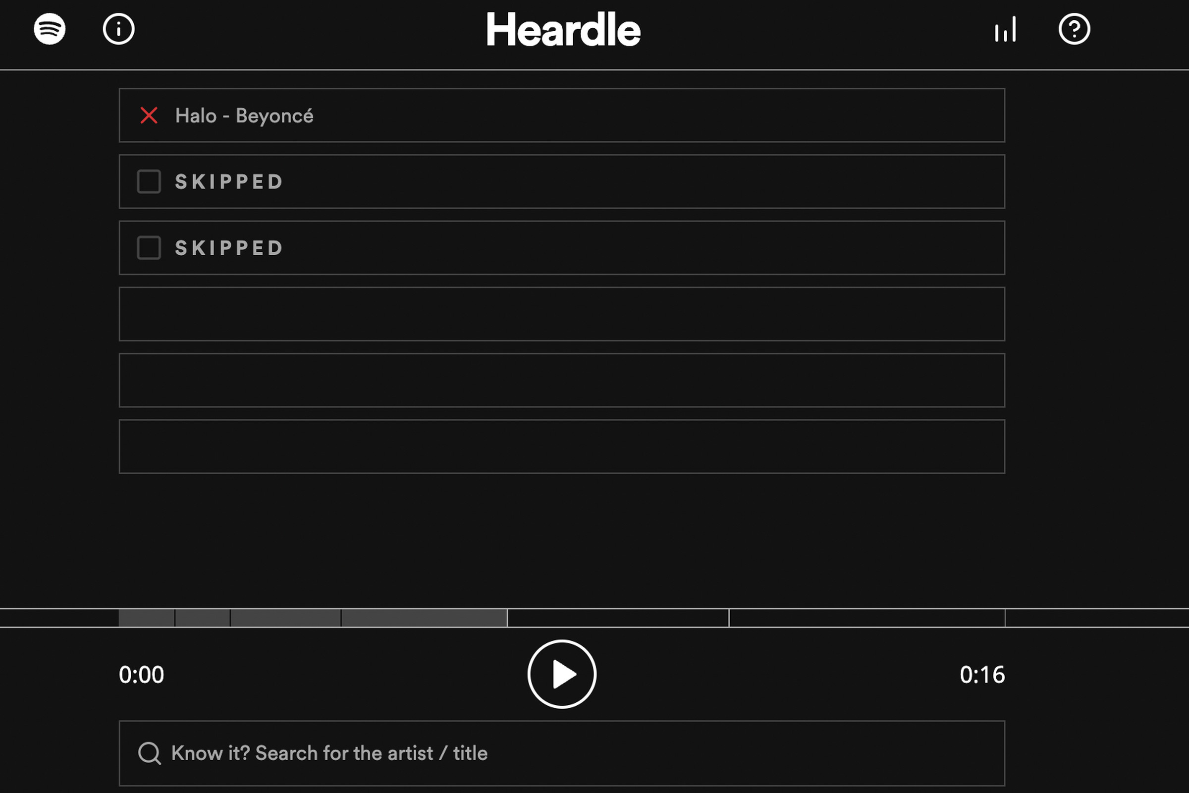 A screenshot showing Heardle’s interface