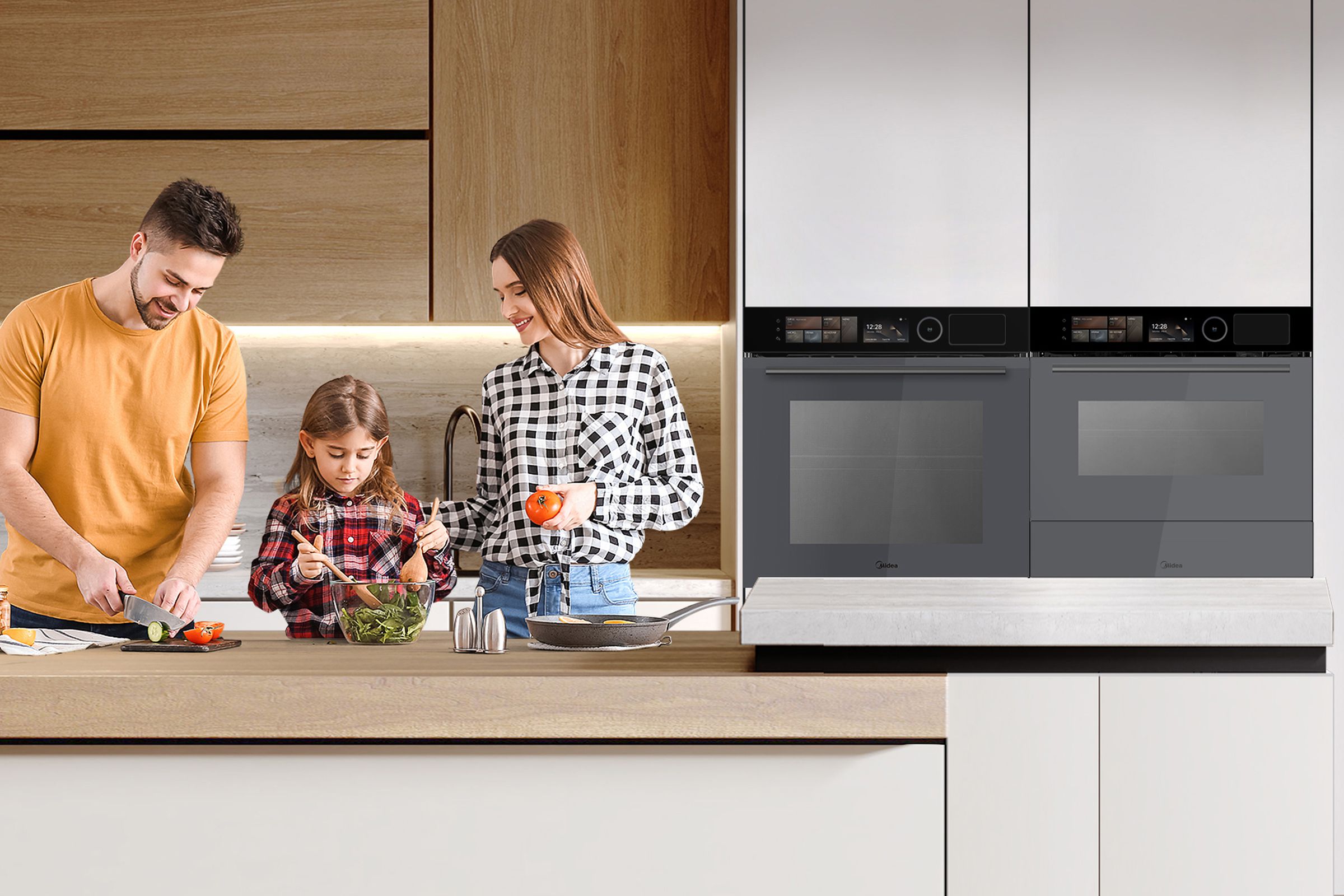 A family prepping a meal in a kitchen near the Midea One Oven.