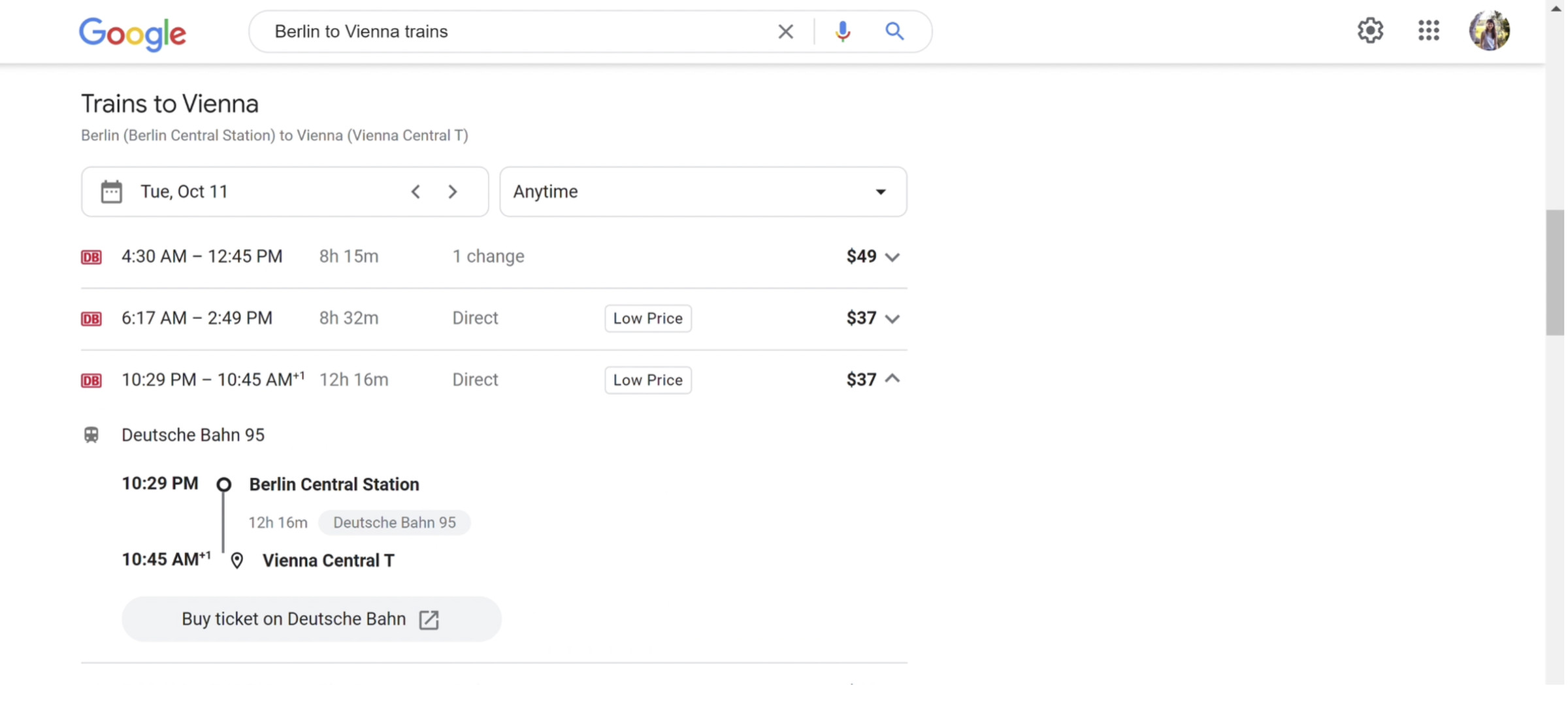 Train ticket options in Google search