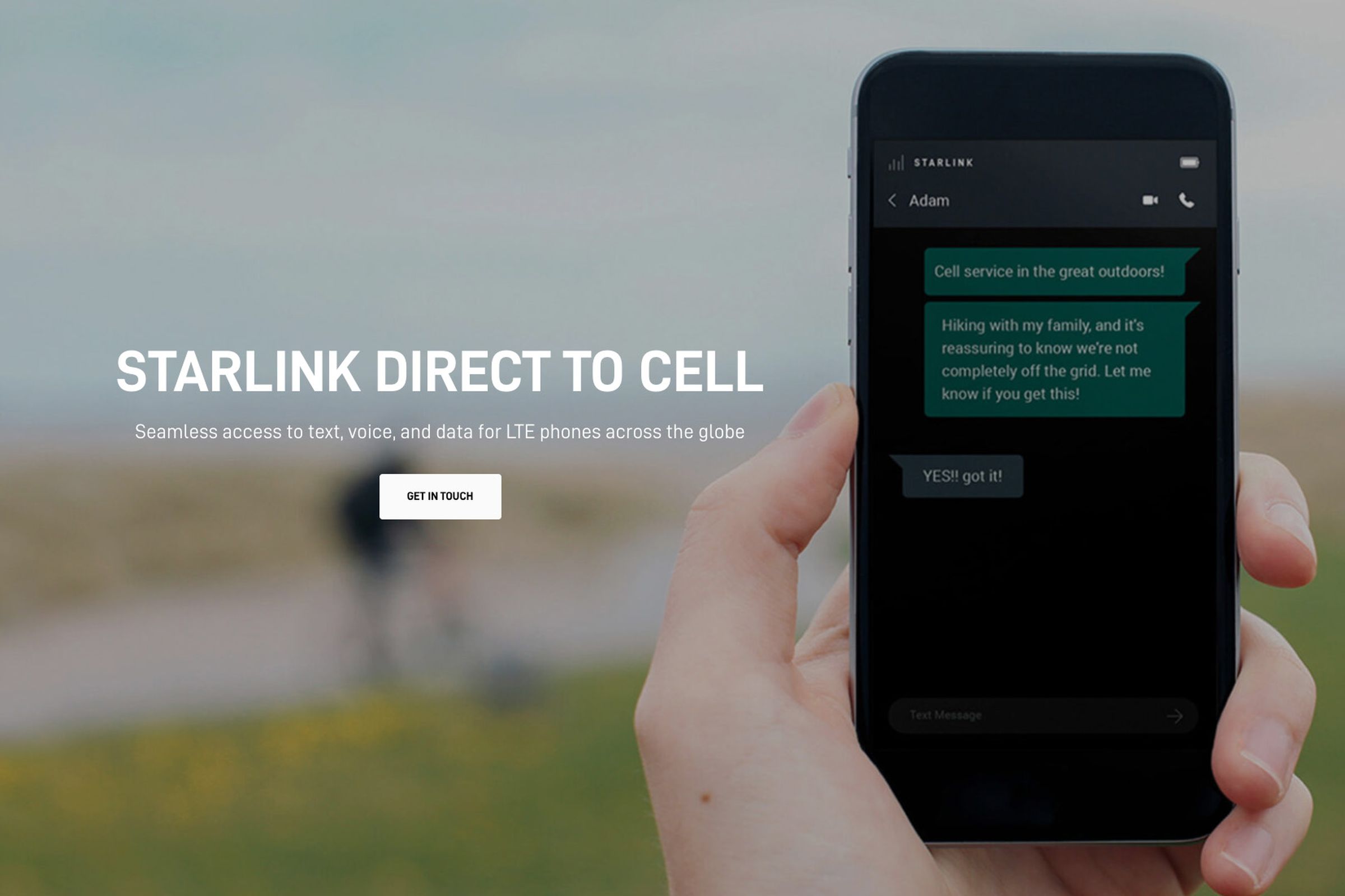Starlink Direct to Cell homepage, with person holding phone showing text conversation.