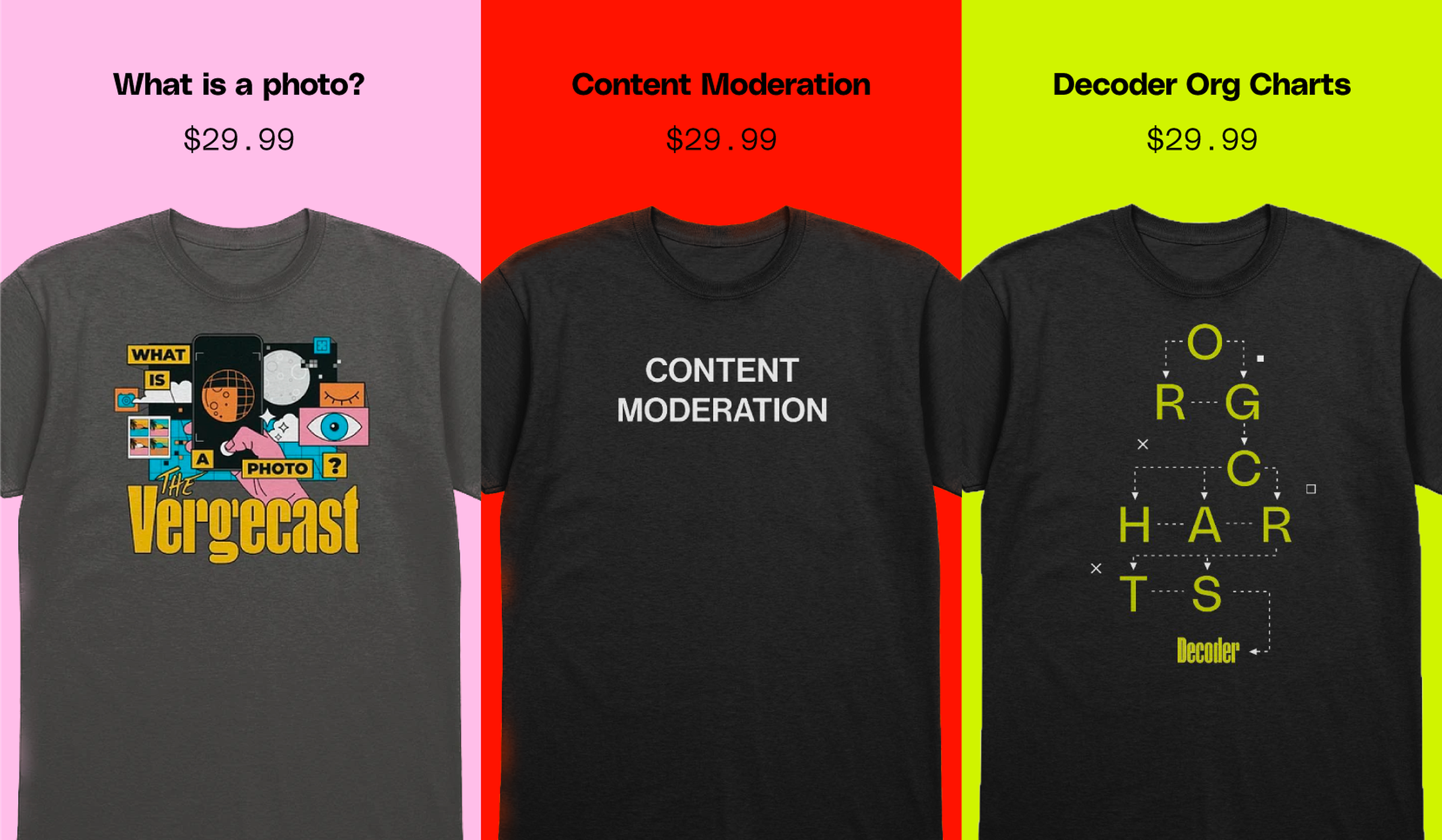 Three new shirts from The Verge: Decoder Org Charts, Content Moderation, and “What is a photo?” priced at $29.99 each