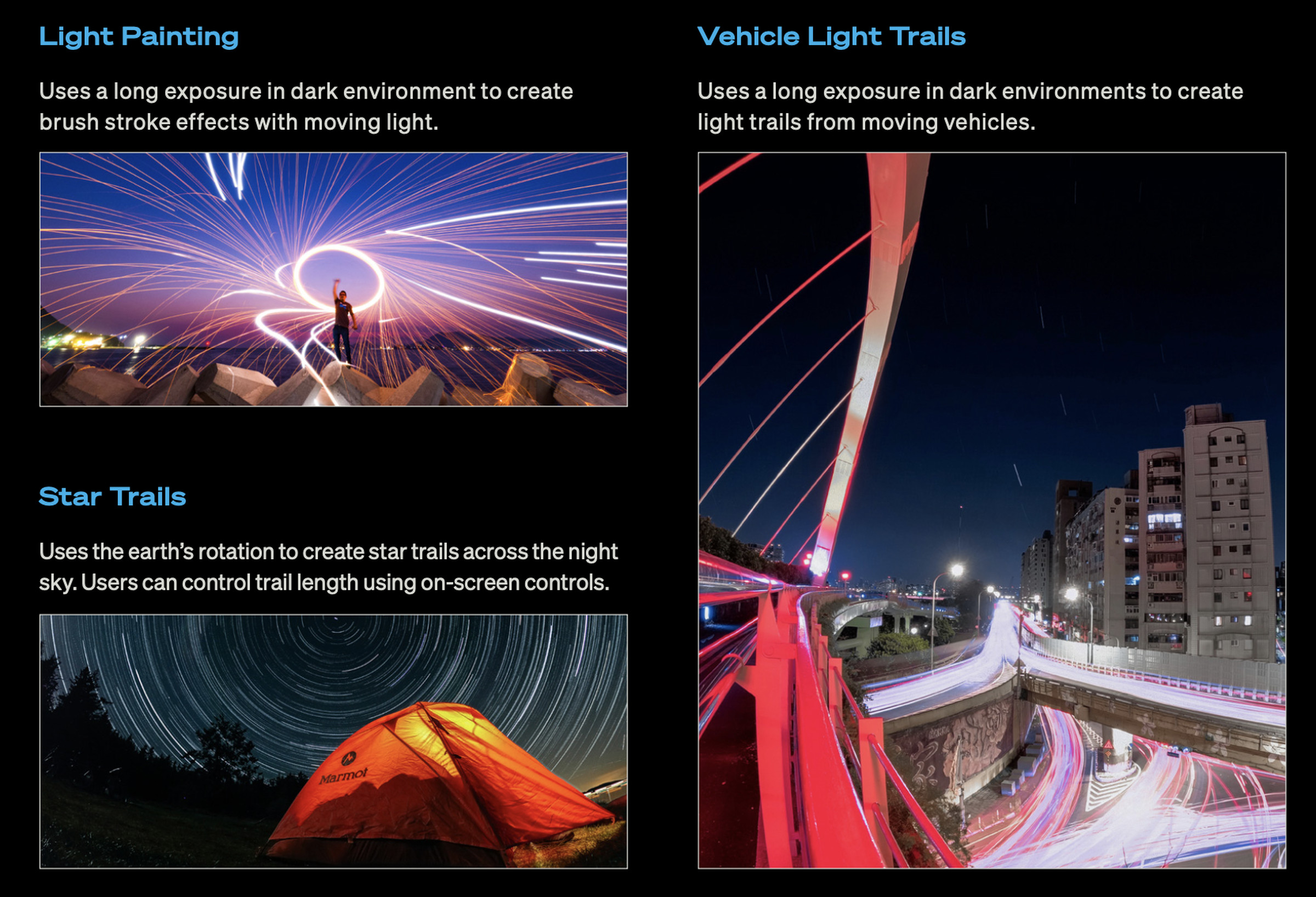 Three images showing GoPro’s night effects. The light painting mode image shows a person standing on top of rocks, having drawn a large circle made out of light. The star trails image shows a tent with a spiral of stars around it. The vehicle light trails shows a highway with lines of light across it left by cars driving along it.