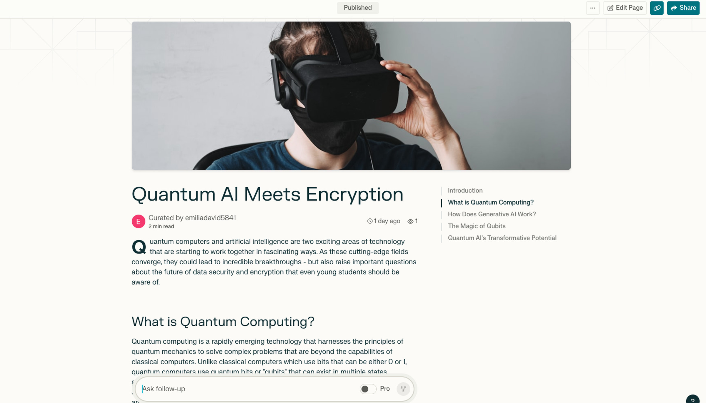 A screenshot of the Perplexity Page that talks about quantum AI.