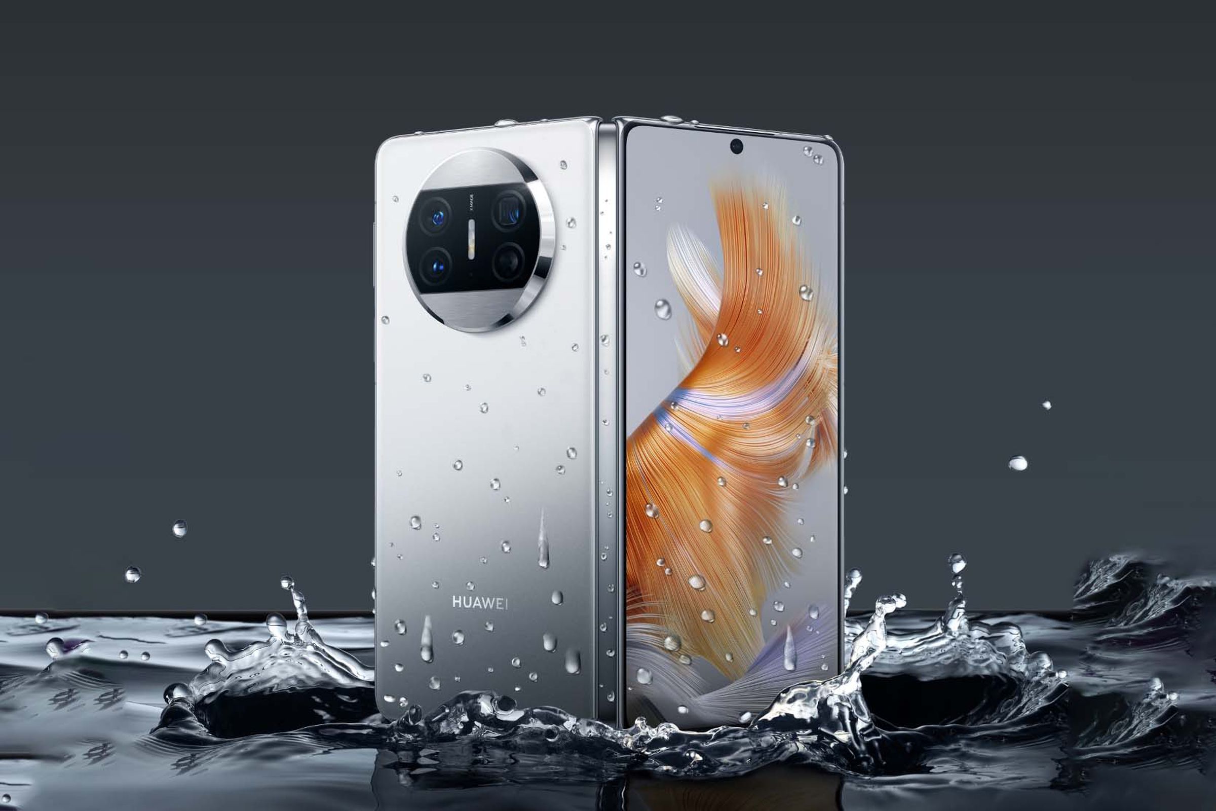 Huawei Mate X3 knee-deep in water.