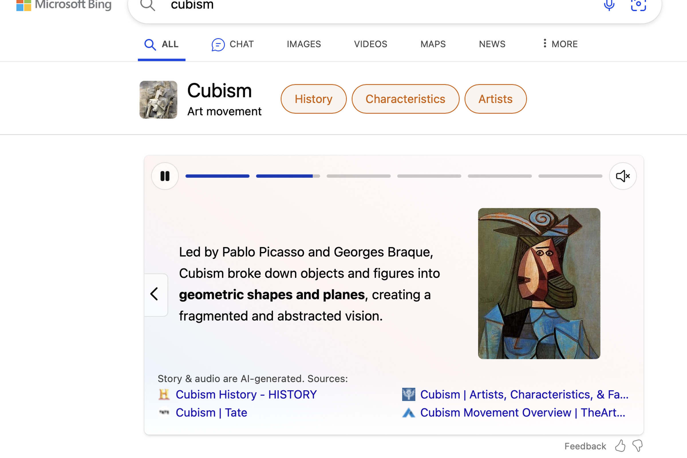 Screenshot of a Bing search for “Cubism,” displaying a story box.