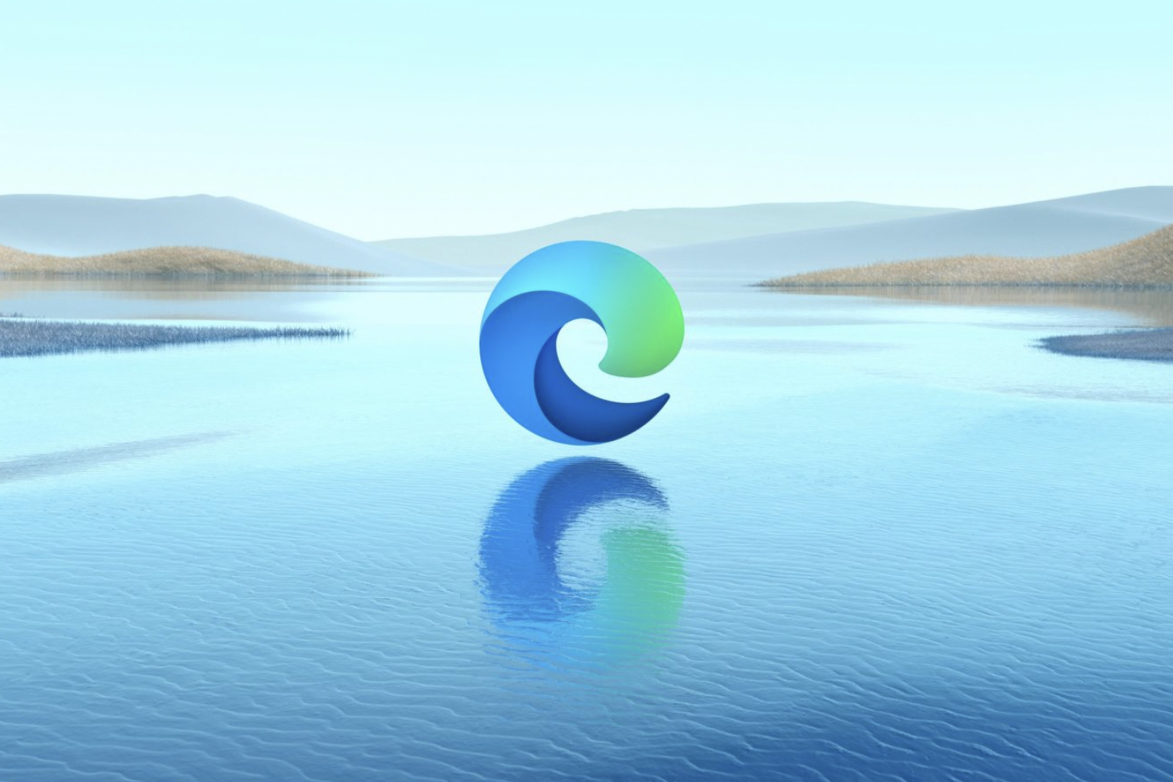 The Microsoft Edge logo hovering above a lake