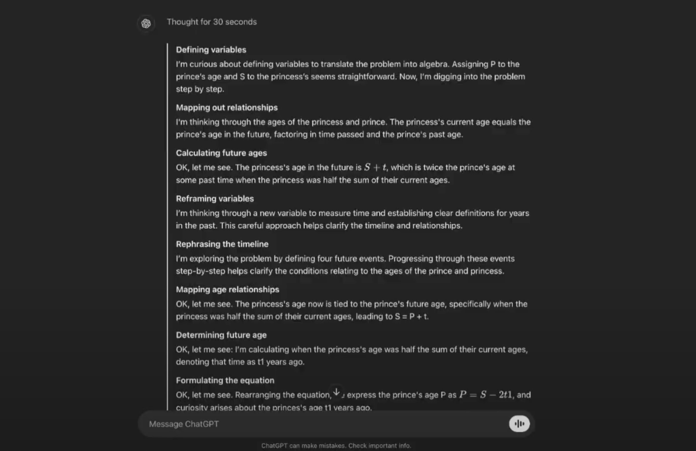 A screenshot of OpenAI’s reasoning capabilities, where it breaks down how it answers a question, using “I” statements.