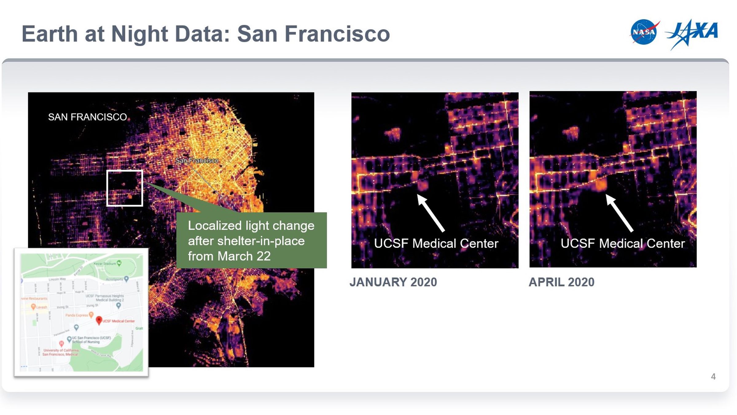 When San Francisco began to shelter in place in mid-March, city night lights detected from space did not change drastically. However, the University of California, San Francisco Medical Center brightened from January to April.
