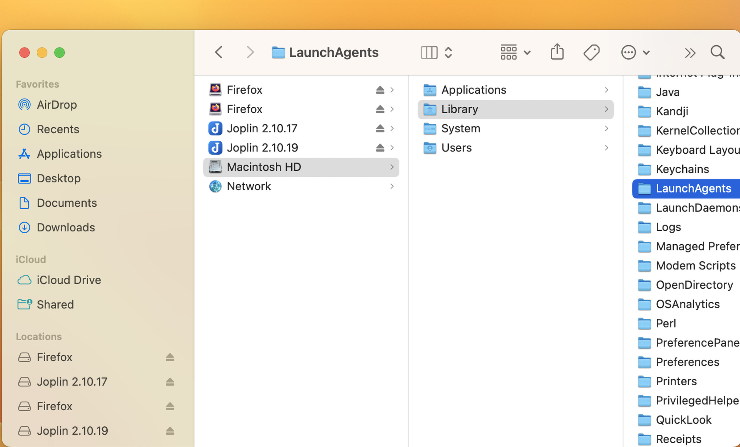 Finder with LaunchAgents on top, menu on left, and columns with MacintoshHD, Library, and LaunchAgents highlighted.