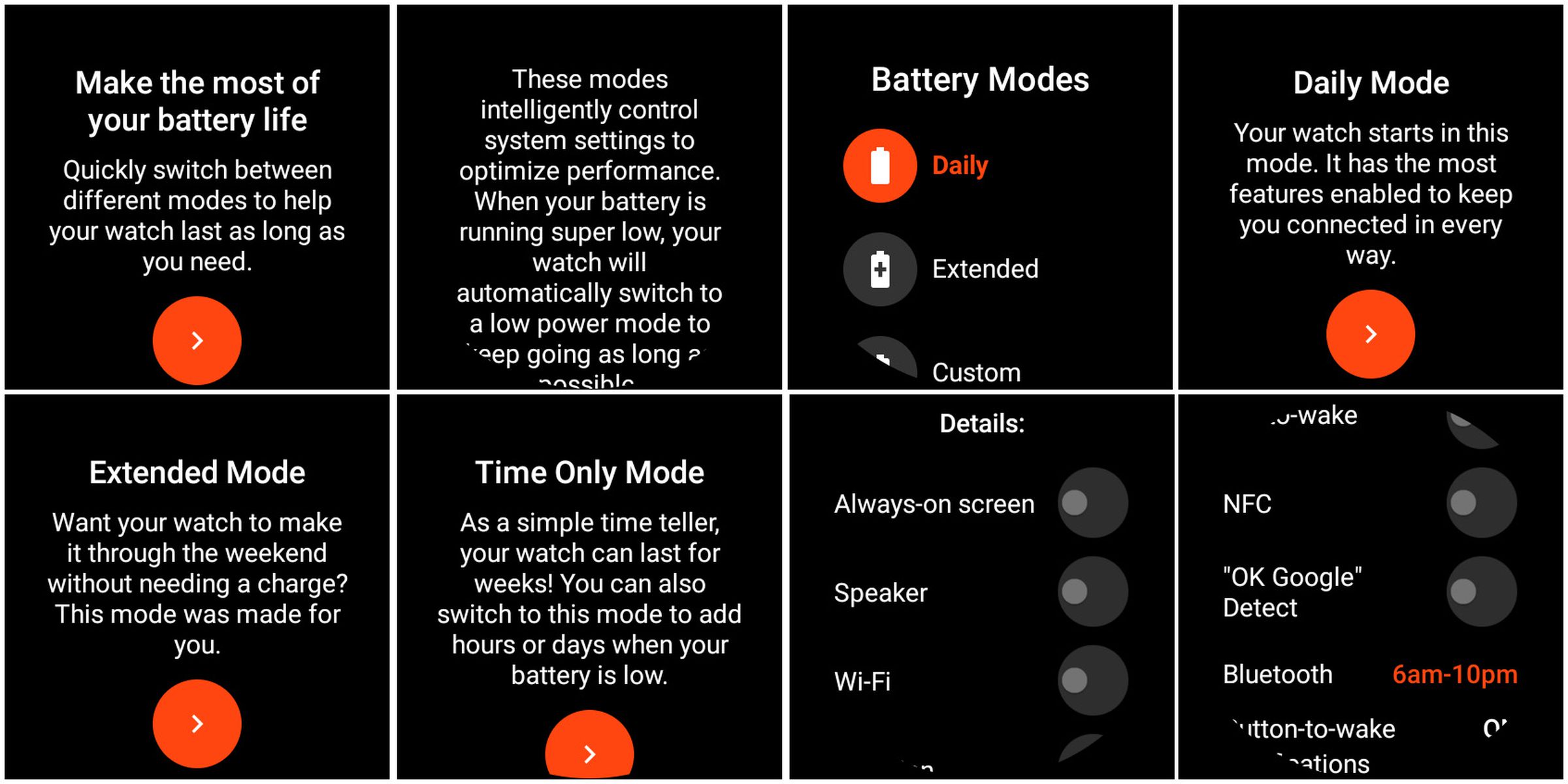 A few of the screens that appear when you tap the battery mode icon in Quick Settings. This is too many options.