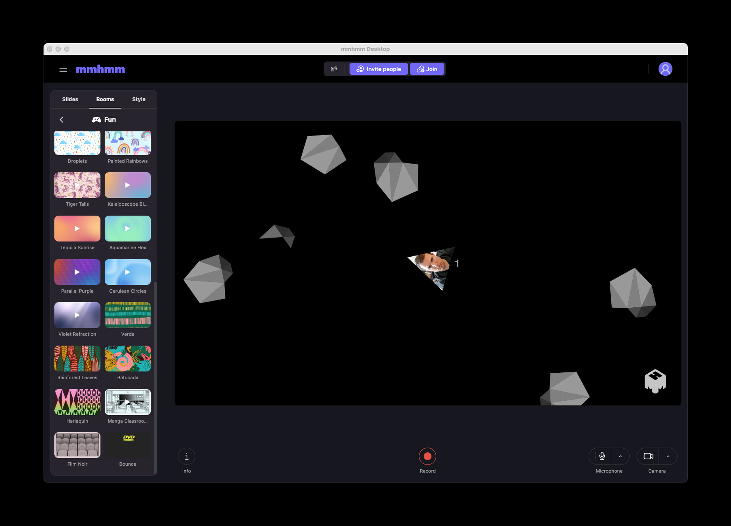 A screenshot of the Mmhmm app showing an Asteroids-like game.