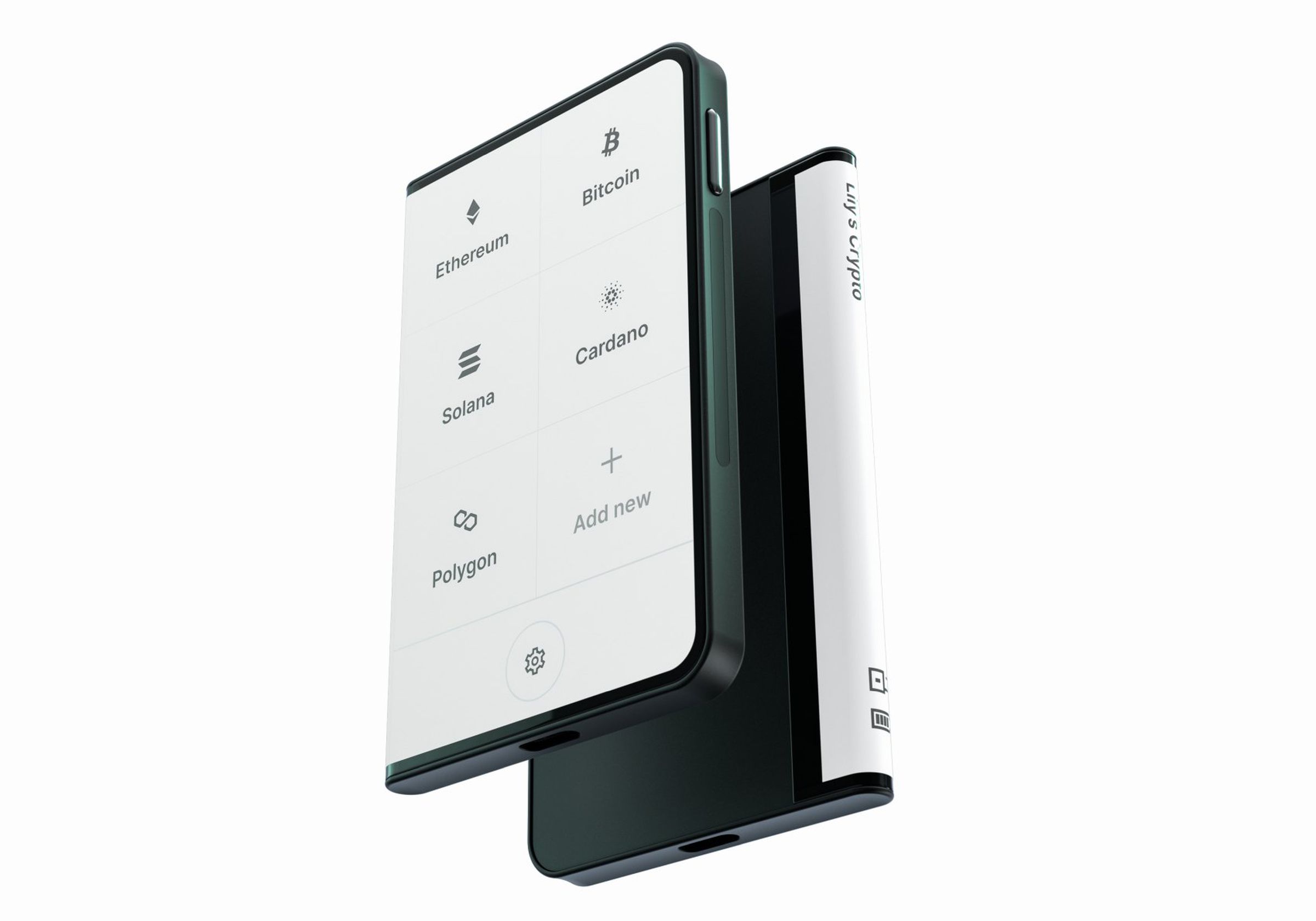 Ledger Stax crypto wallet, shown back and front, with an E Ink display, USB-C charging port, and side-mounted button.