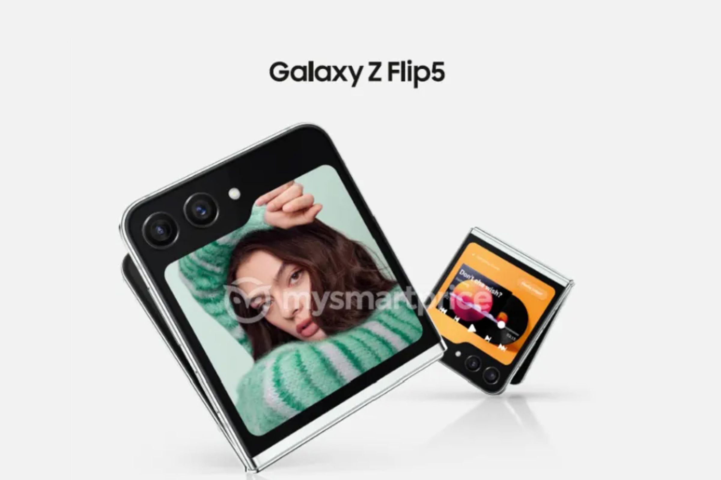 Render of Galaxy Z Flip 5 showing large cover screen flowing around the cameras.