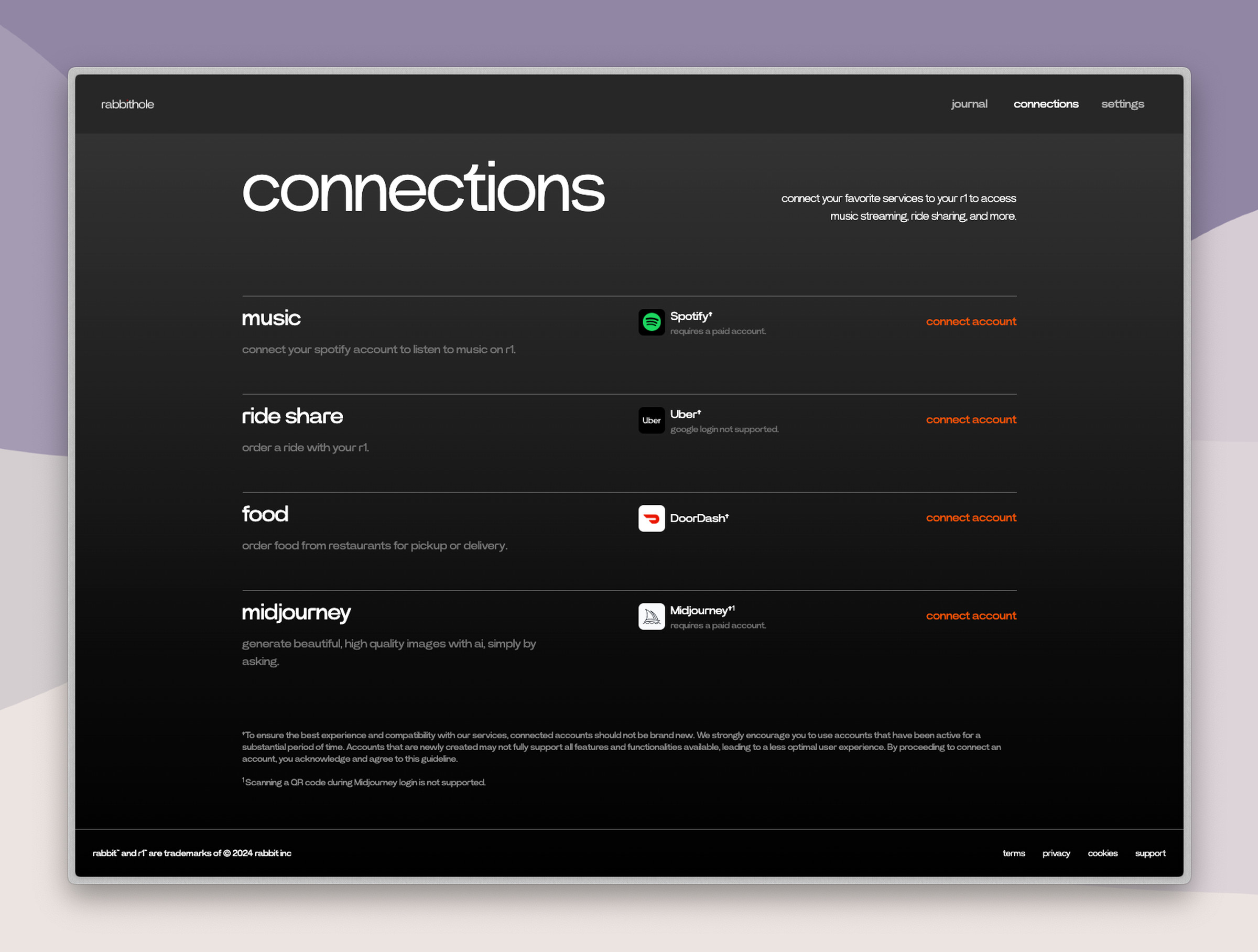 A screenshot of the Connections screen on Rabbithole.