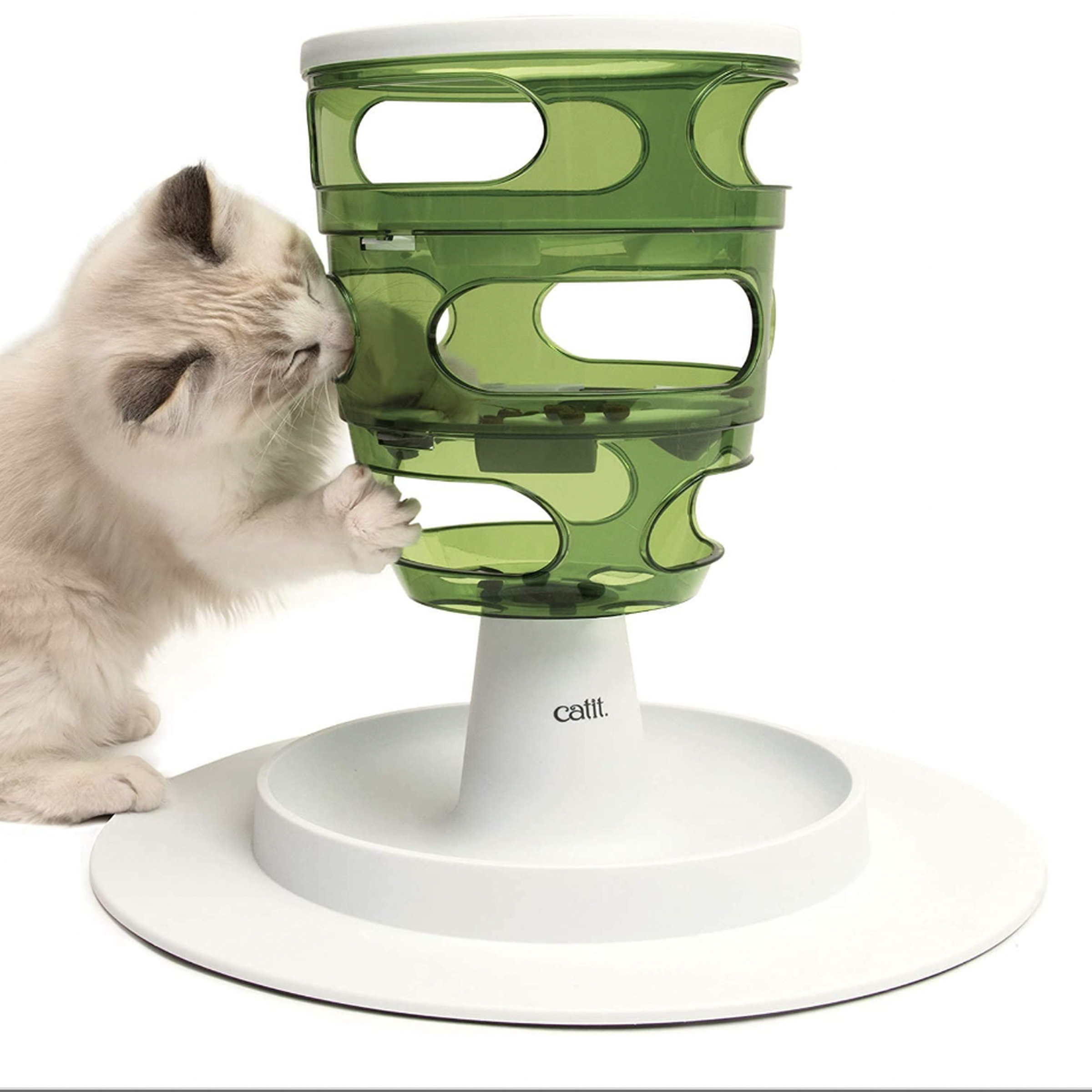 A cat tries to get into a tall plastic tower with openings for food.