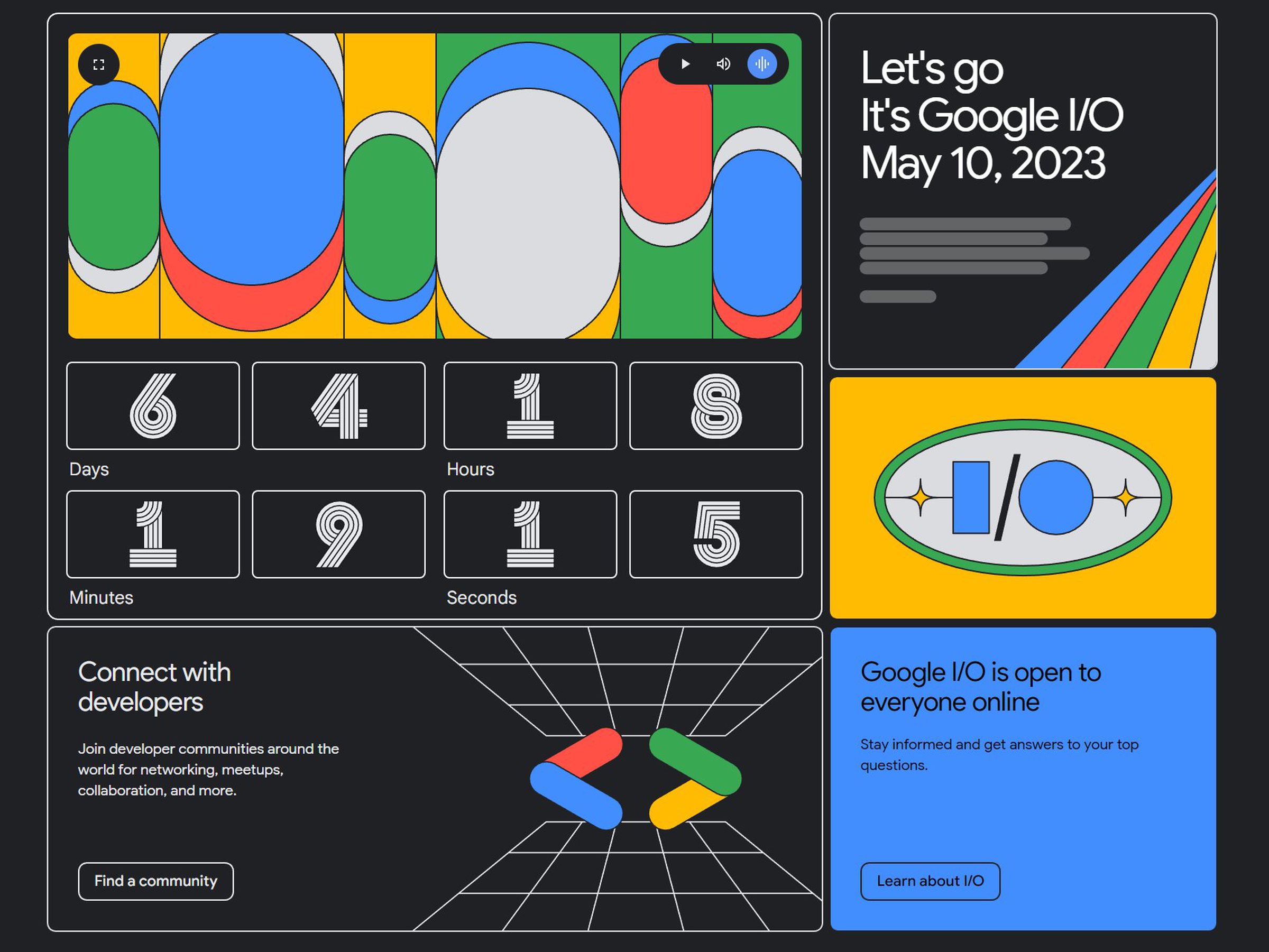 The Google I/O event website shows a countdown timer and other information, arranged in tiles and with spaces for notifications that are similar to the screen of a mobile device like a tablet or foldable smartpohone. Google I/O 2023