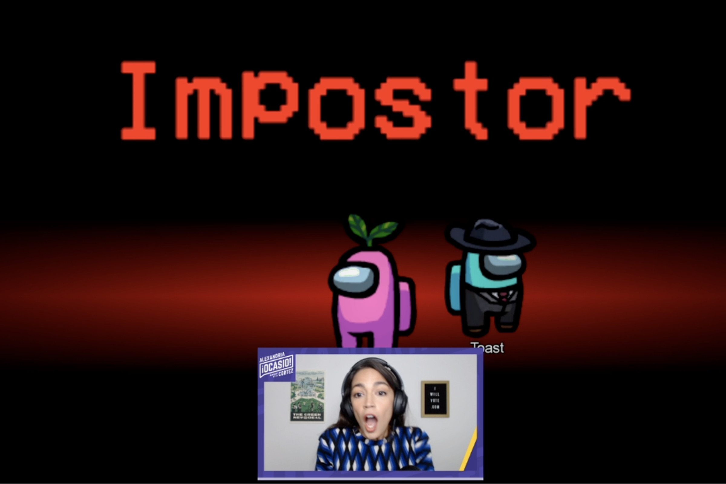 A screenshot from Ocasio-Cortez’s October 2020 Twitch stream. She was chosen as an impostor in Among Us.