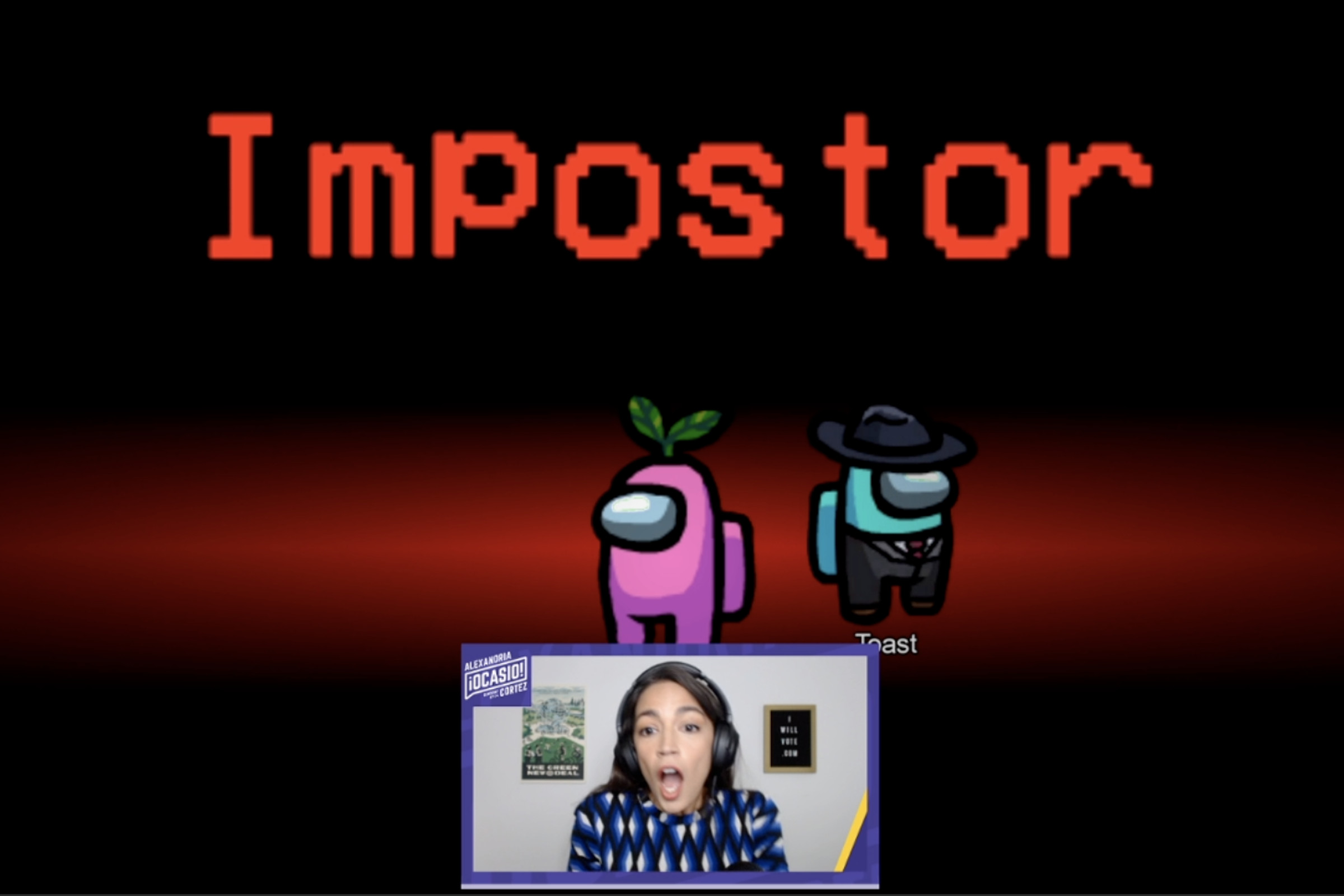 A screenshot from Ocasio-Cortez’s October 2020 Twitch stream. She was chosen as an impostor in Among Us.