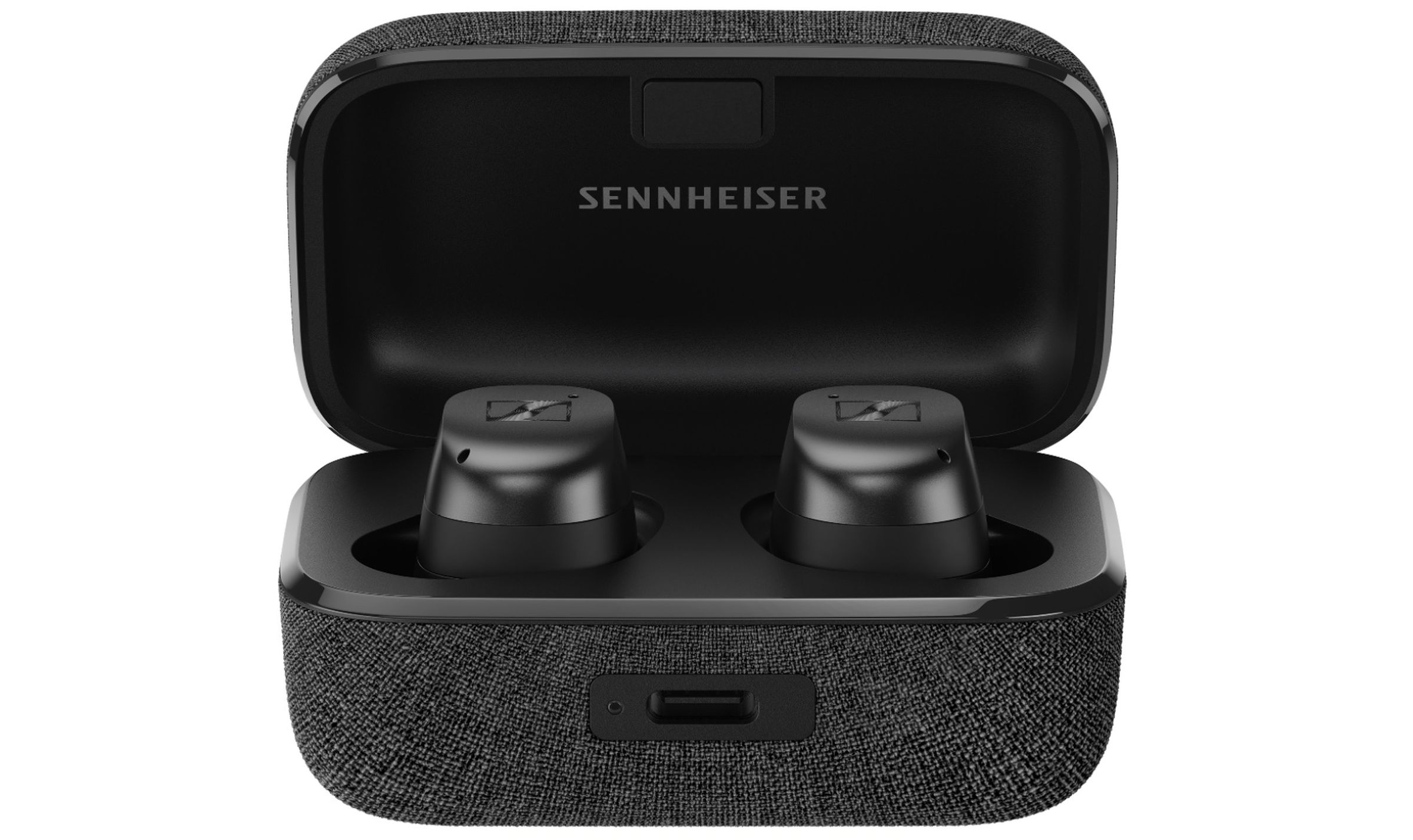 Sennheiser’s new flagship buds move the USB-C port to the front of the case.