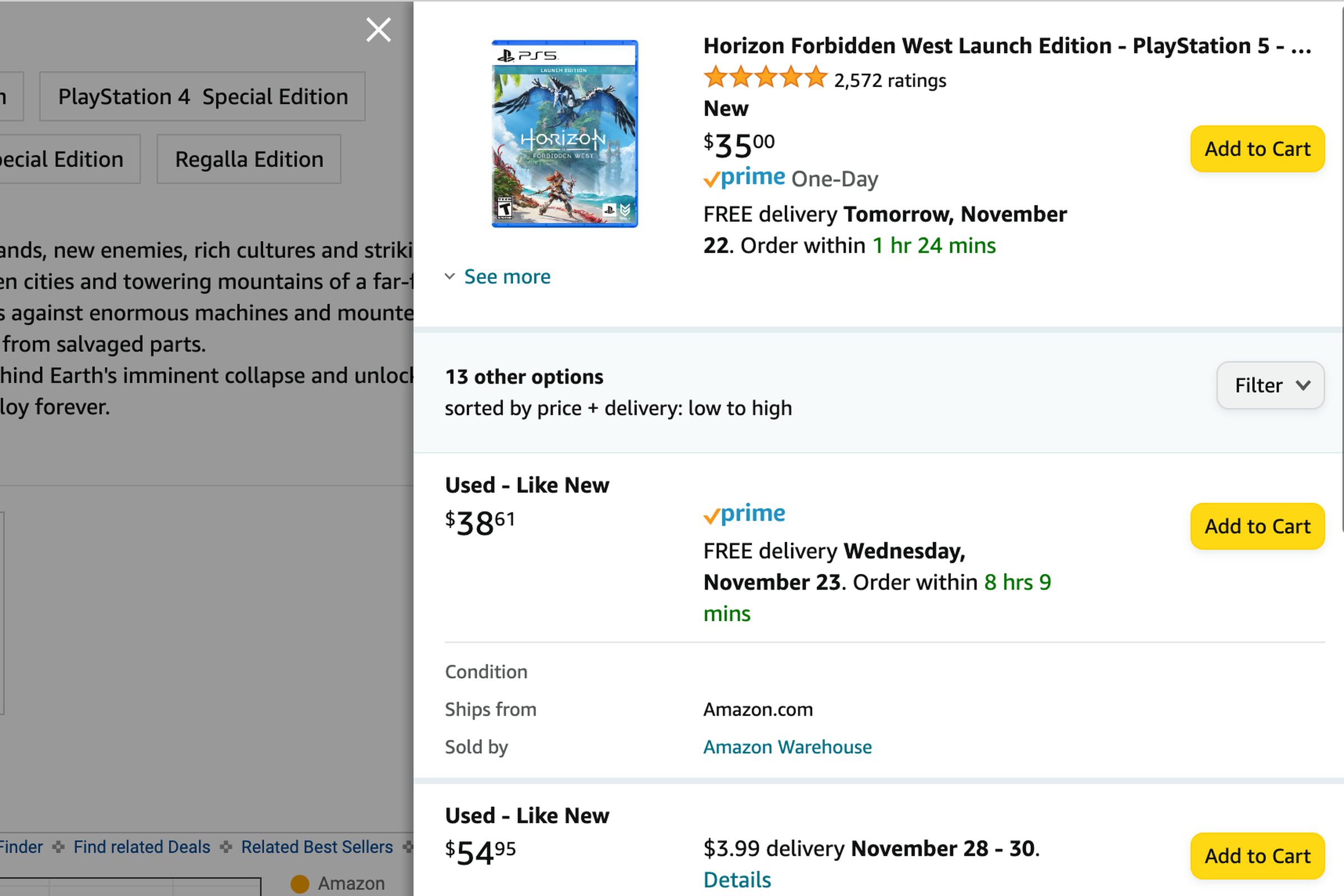 Amazon Warehouse’s refurbished or used options are usually located at the top of the “New & Used” offers.