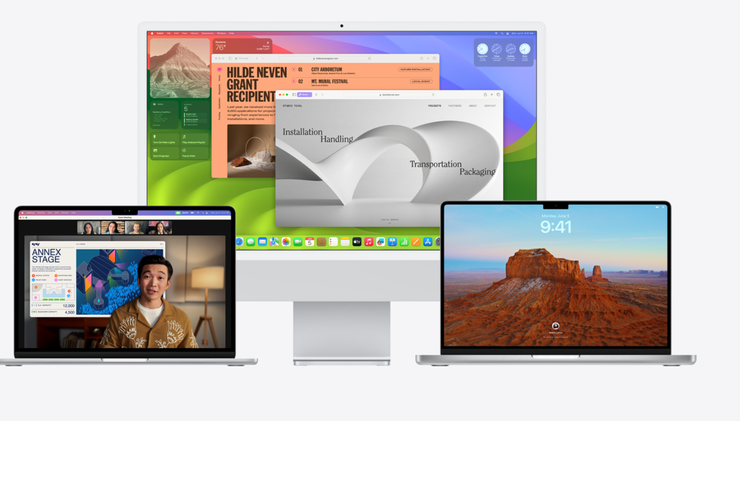 Three Mac computers arranged on a white background. Two MacBooks show a video conference and a lockscreen respectively. An iMac shows several windows open in macOS Sonoma.