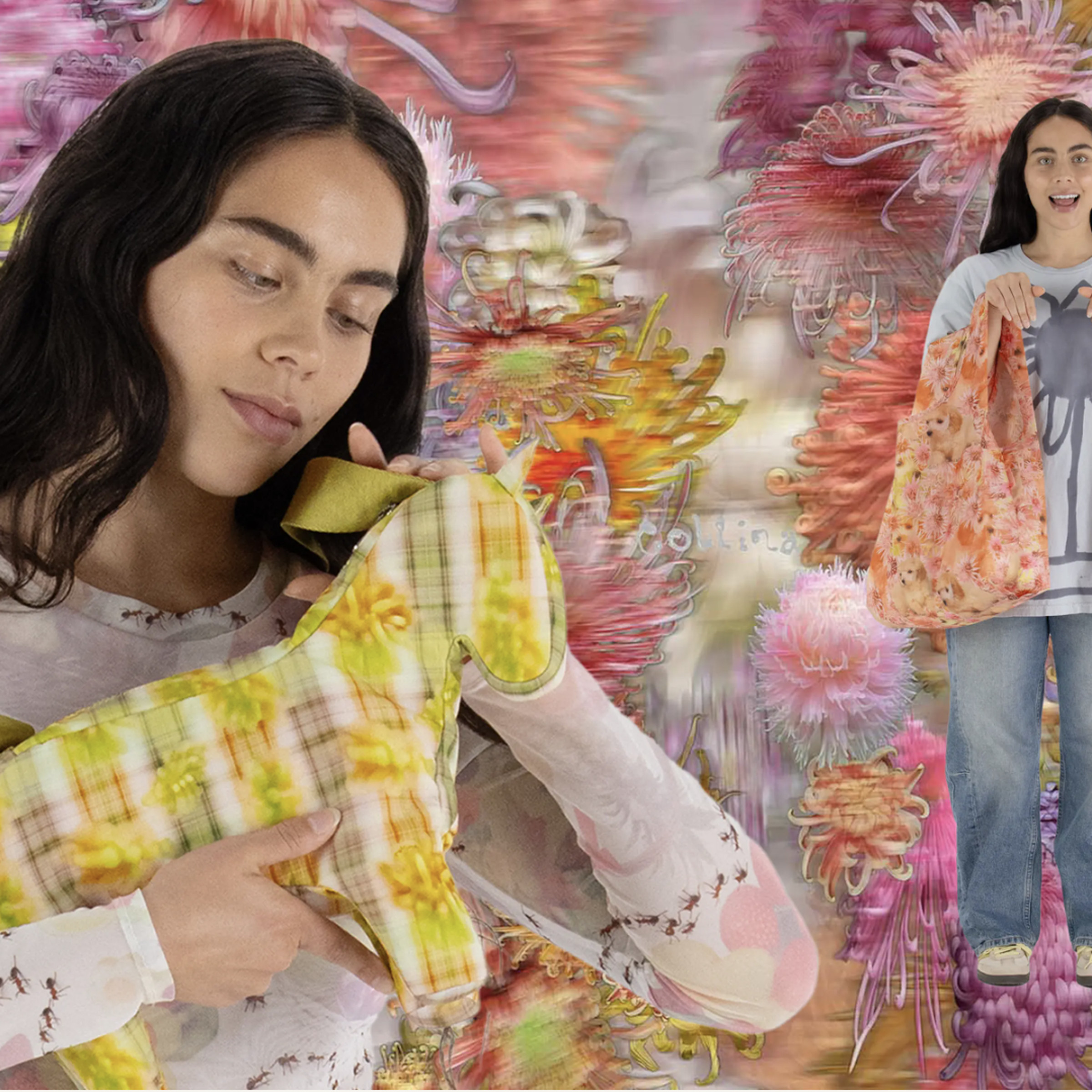 A model holding a purse shaped like a horse with a hazy, impressionistic pattern. Behind her is a similar dreamlike pattern.