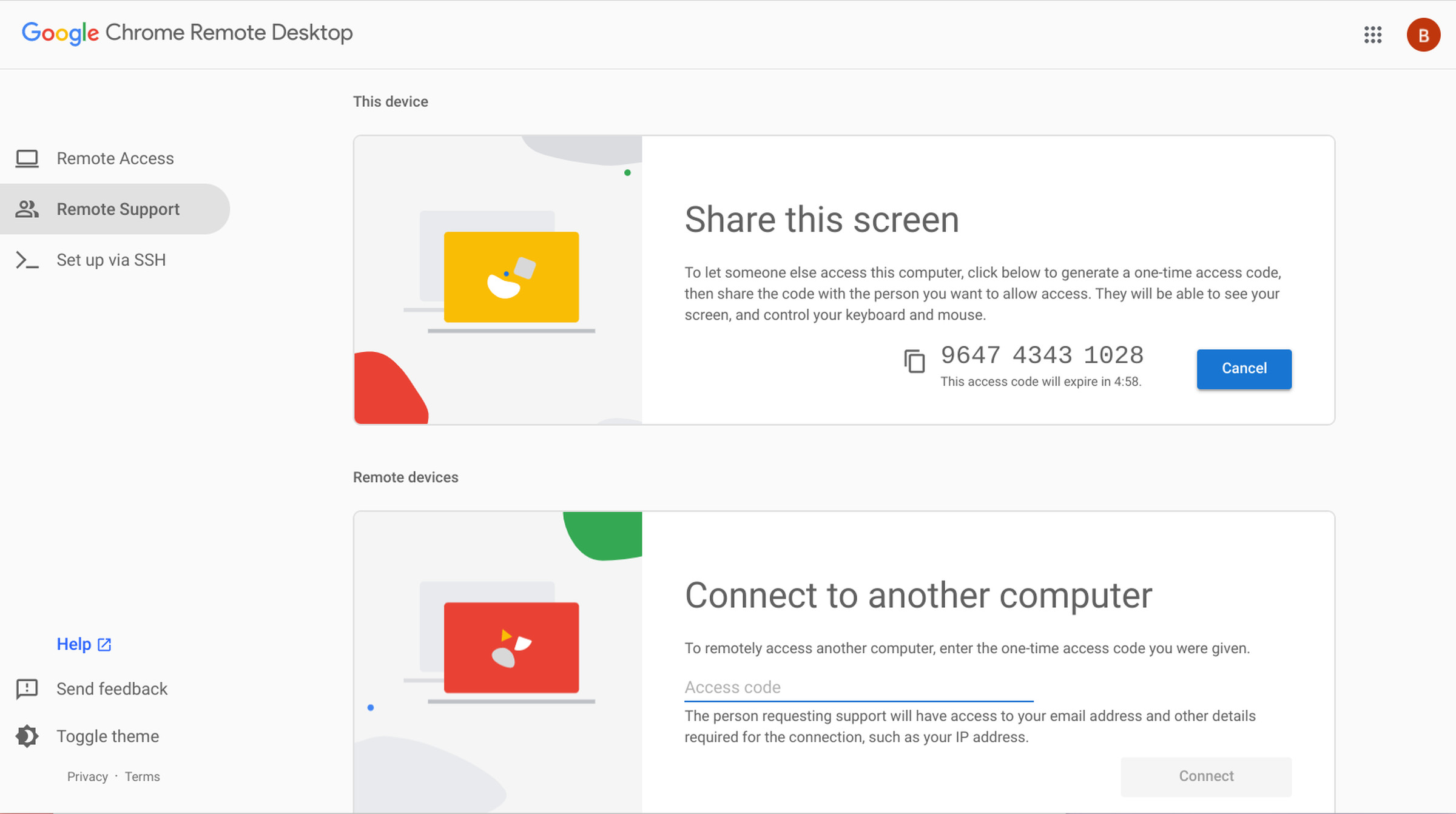 Google Chrome Remote Desktop screen with menu on left and two boxes in center: Share this screen and Connect to another computer. Each both has a graphics showing two computers on the left; the top box has a blue button labeled “Cancel” and next to it, a 12-number code.