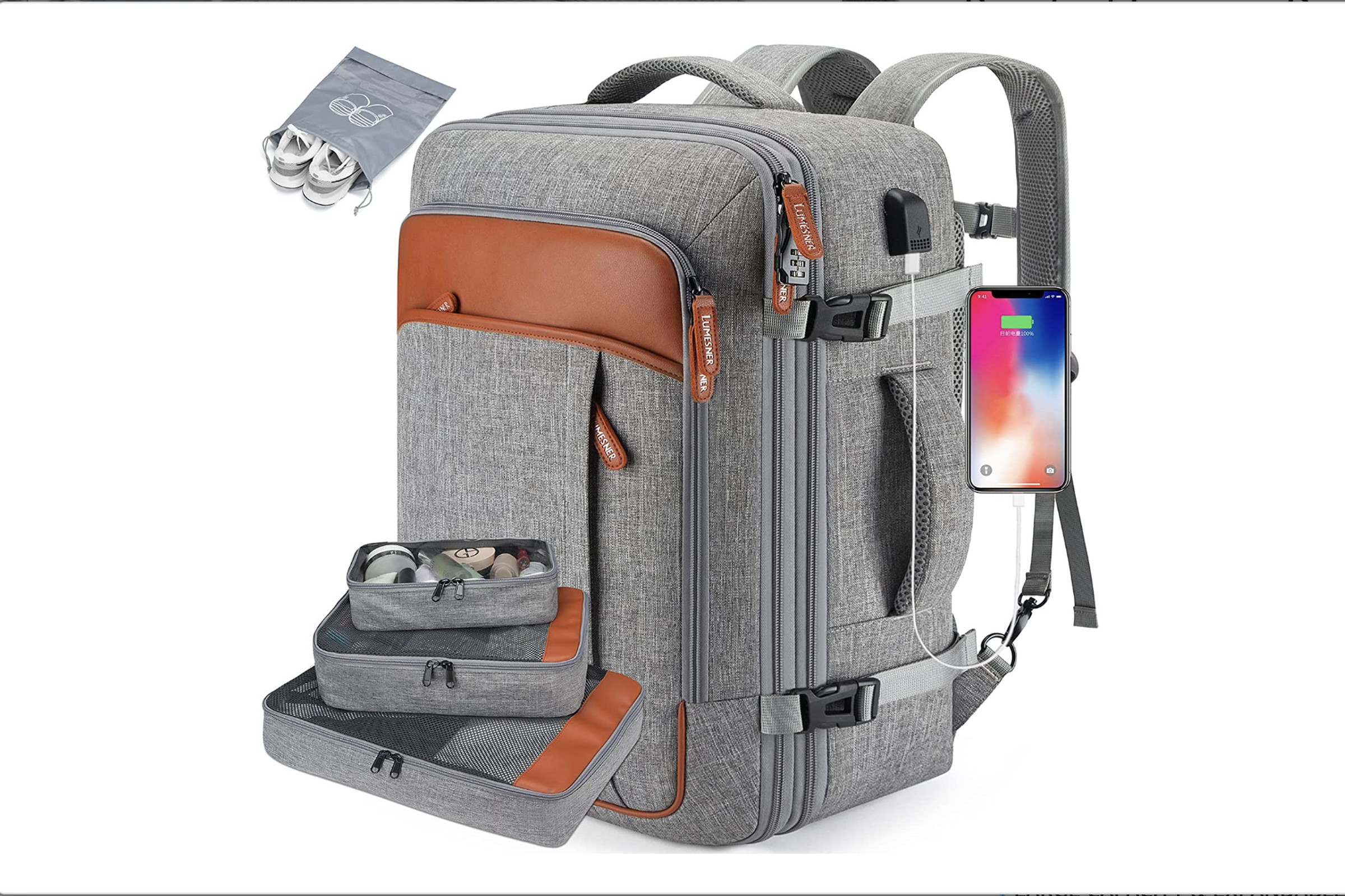 Gray backpack with brown leather-like accents.