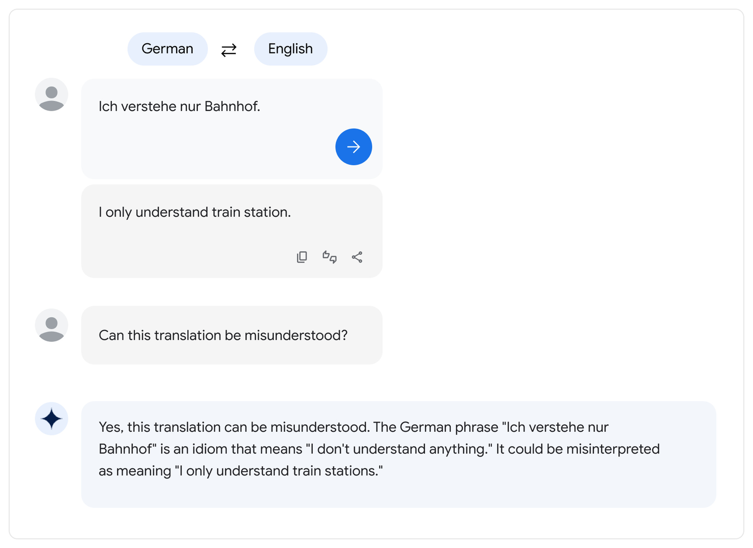 A screenshot showing PaLM 2 translating the German phrase “Ich verstehe nur Bahnhof.”