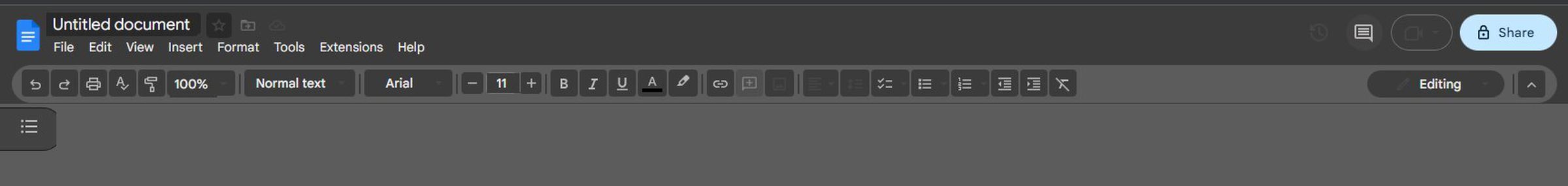 A screenshot of the Gdoc toolbar in dark mode, where the squares stand out even more against the oval toolbar
