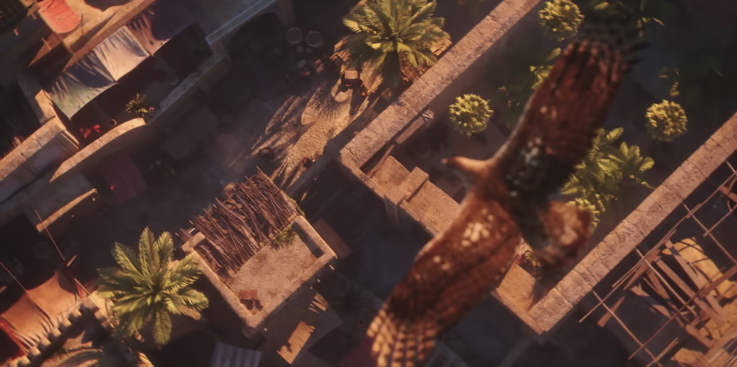 Screenshot from Assassin’s Creed Mirage cinematic trailer featuring an aerial view of 9th century Baghdad from the perspective of your eagle companion Enkidu.
