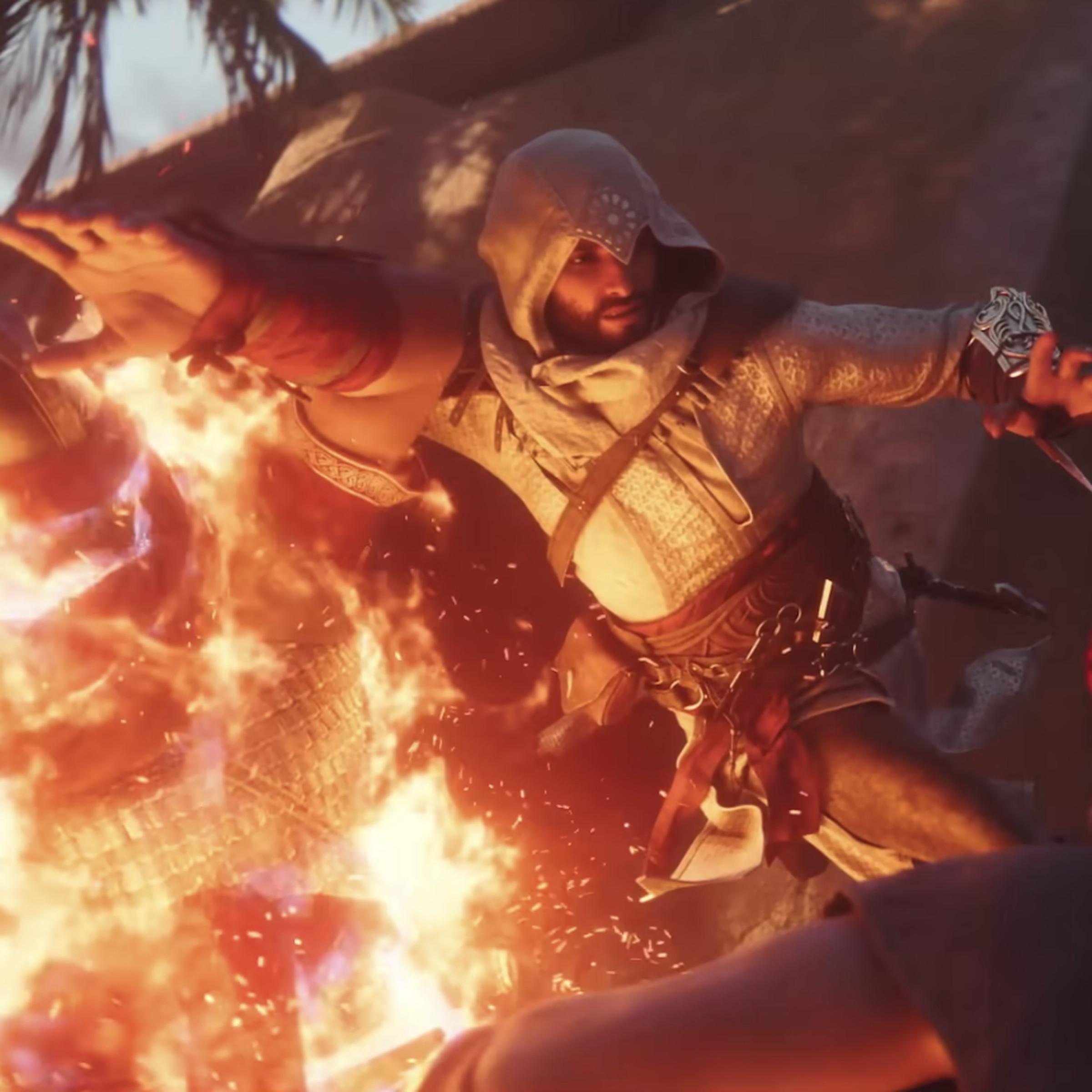 Screenshot from Assassin’s Creed Mirage cinematic trailer featuring Basim assassinating a target while wreathed in flames.