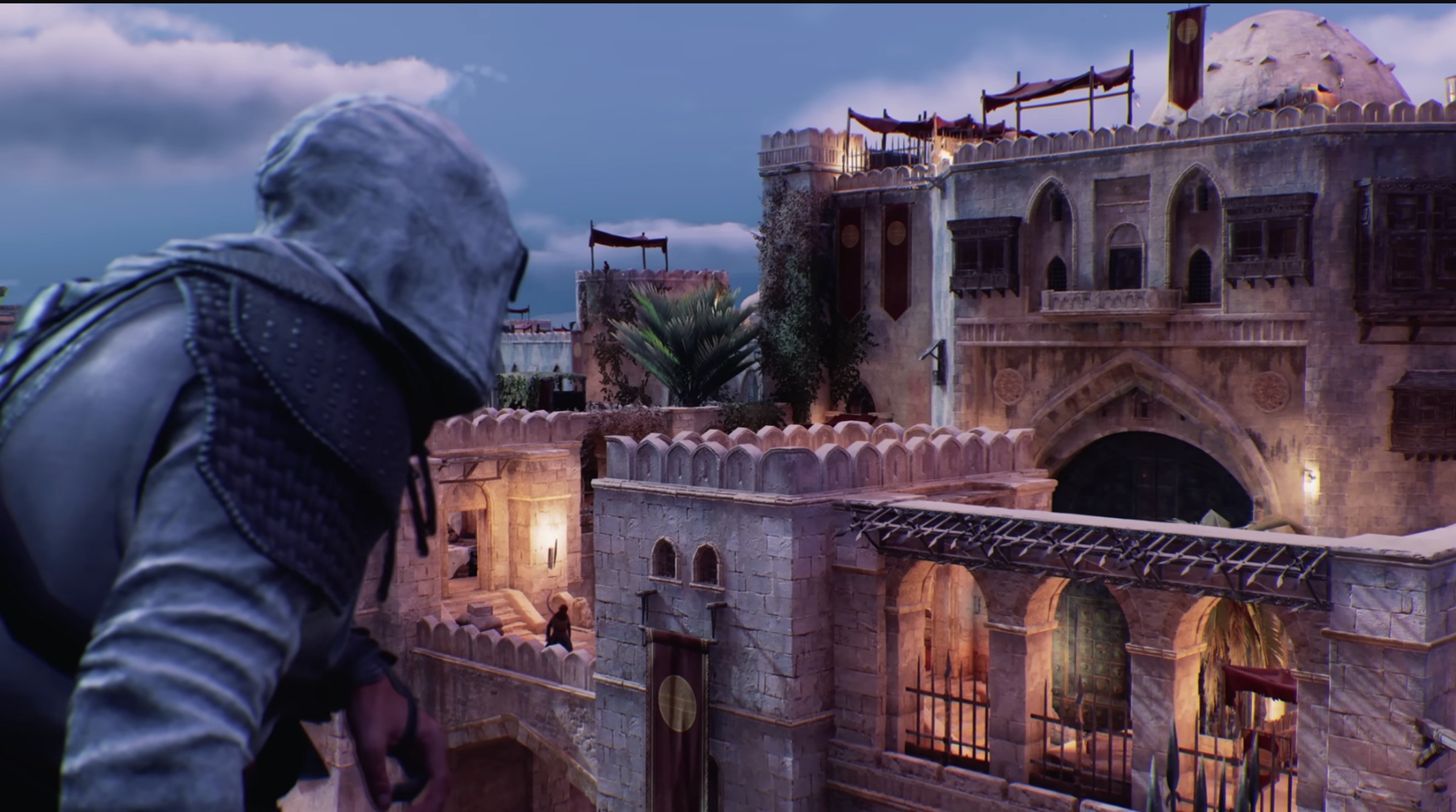 Screenshot from Assassin’s Creed Mirage featuring Basim gazing at his next infiltration target