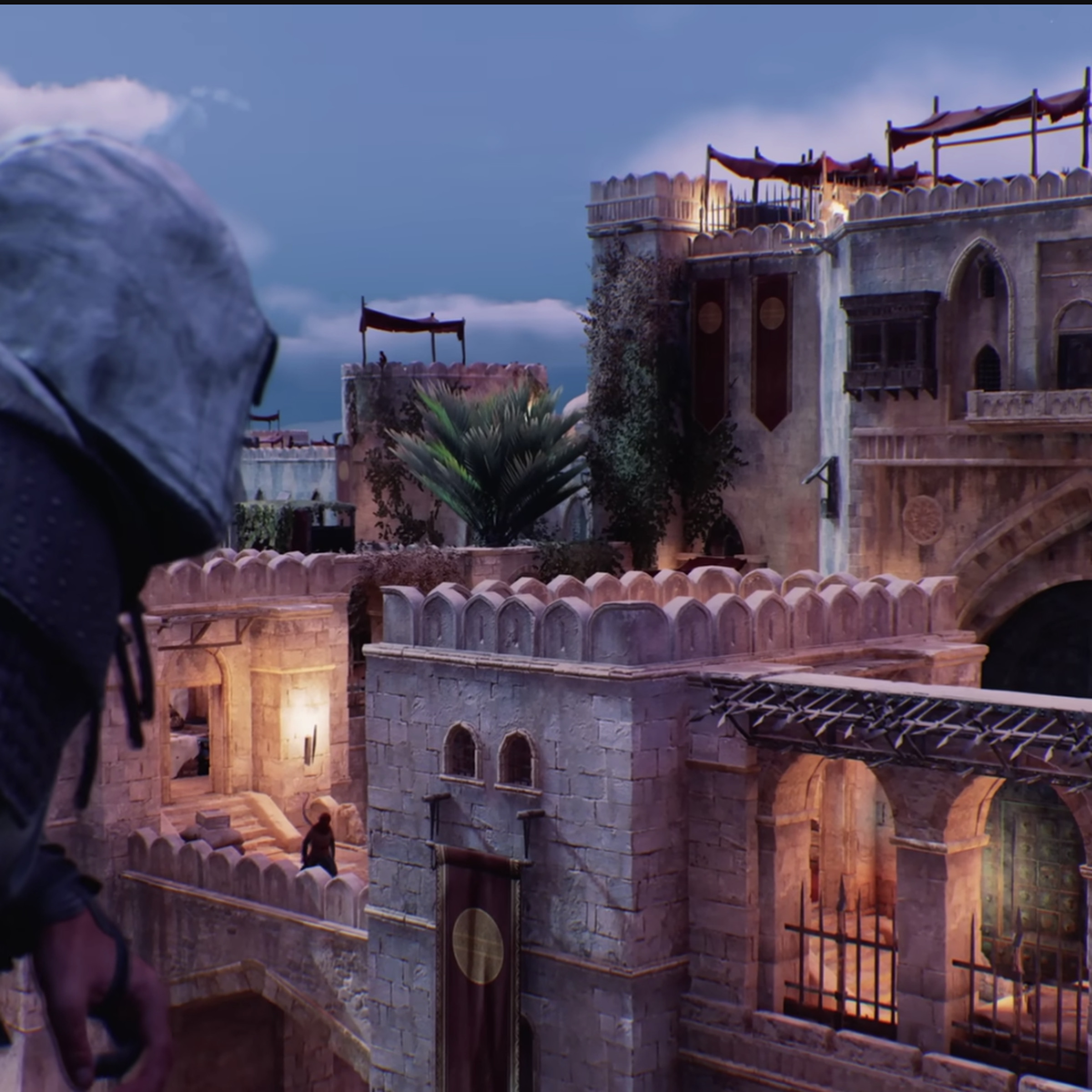 Screenshot from Assassin’s Creed Mirage featuring Basim gazing at his next infiltration target