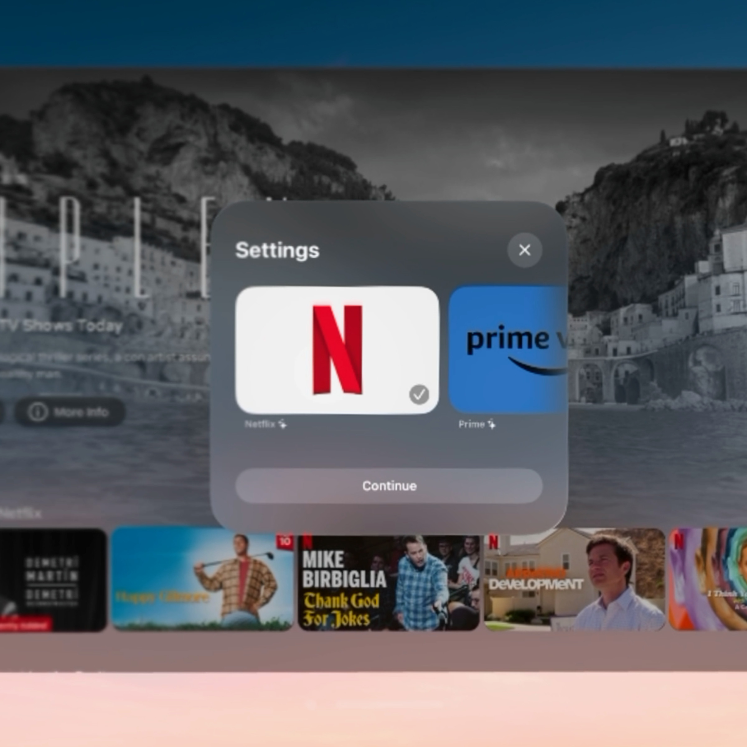 A screenshot of the Supercut app, showing the service selector with Netflix and Prime Video as options.