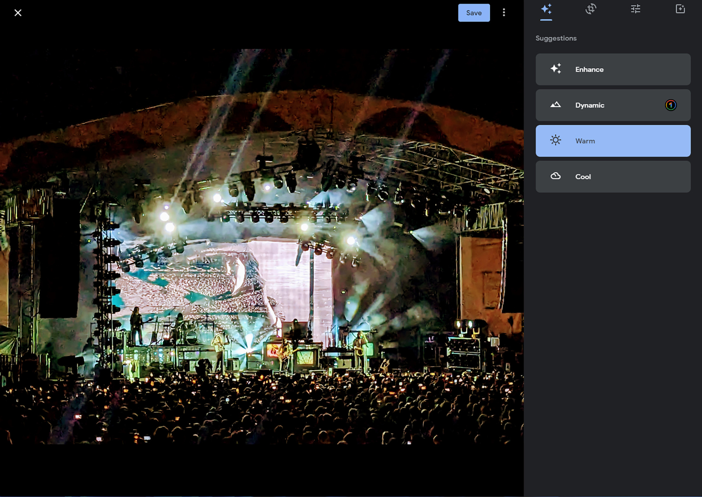 Photo of stage lit at night with column at right labeled Suggestions and several choices beneath, the one called Warm is highlighted.