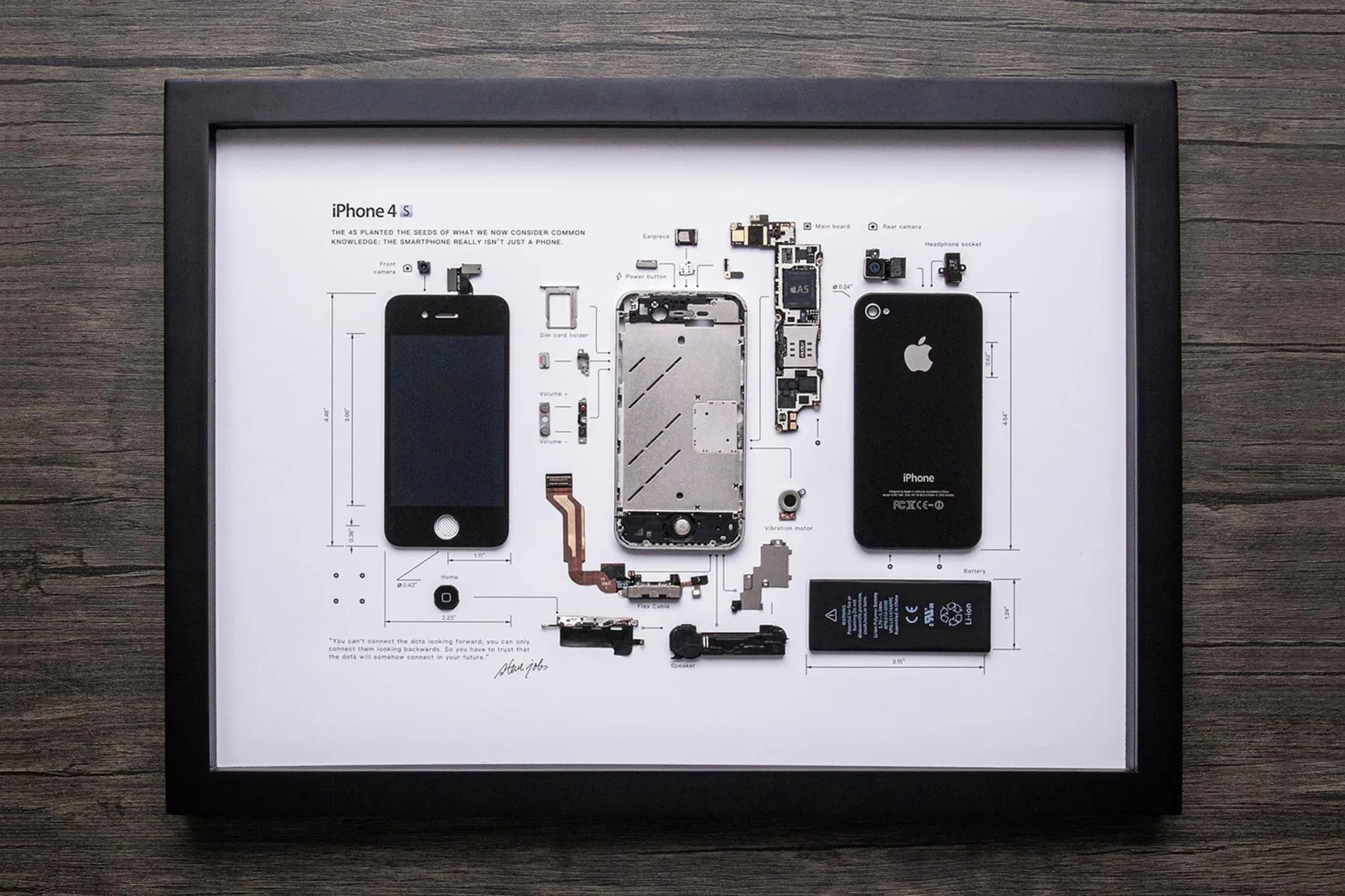 A disassembled iPhone 4S framed against a white background.