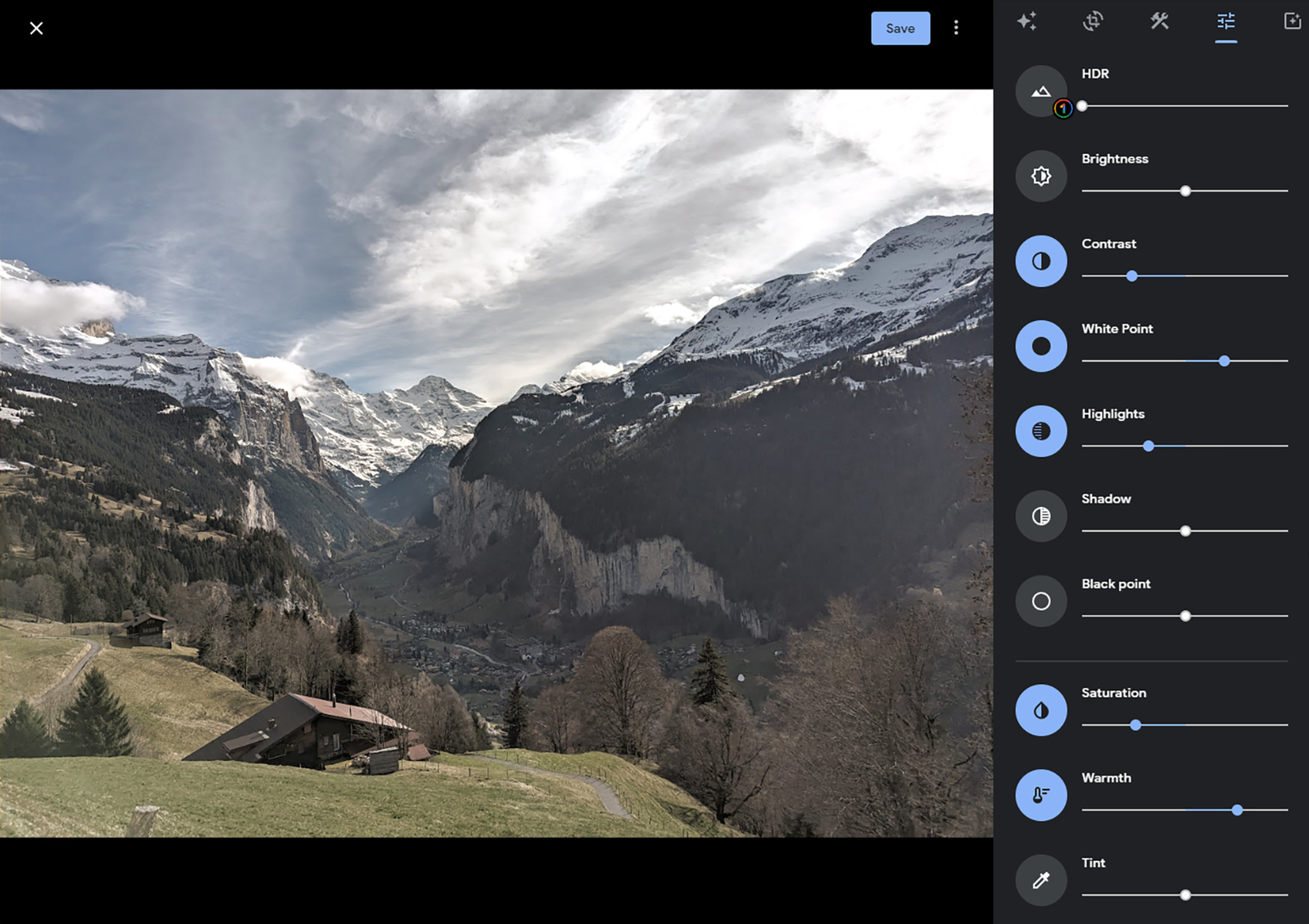 Landscape photo with a variety of icons and slider controls at right.