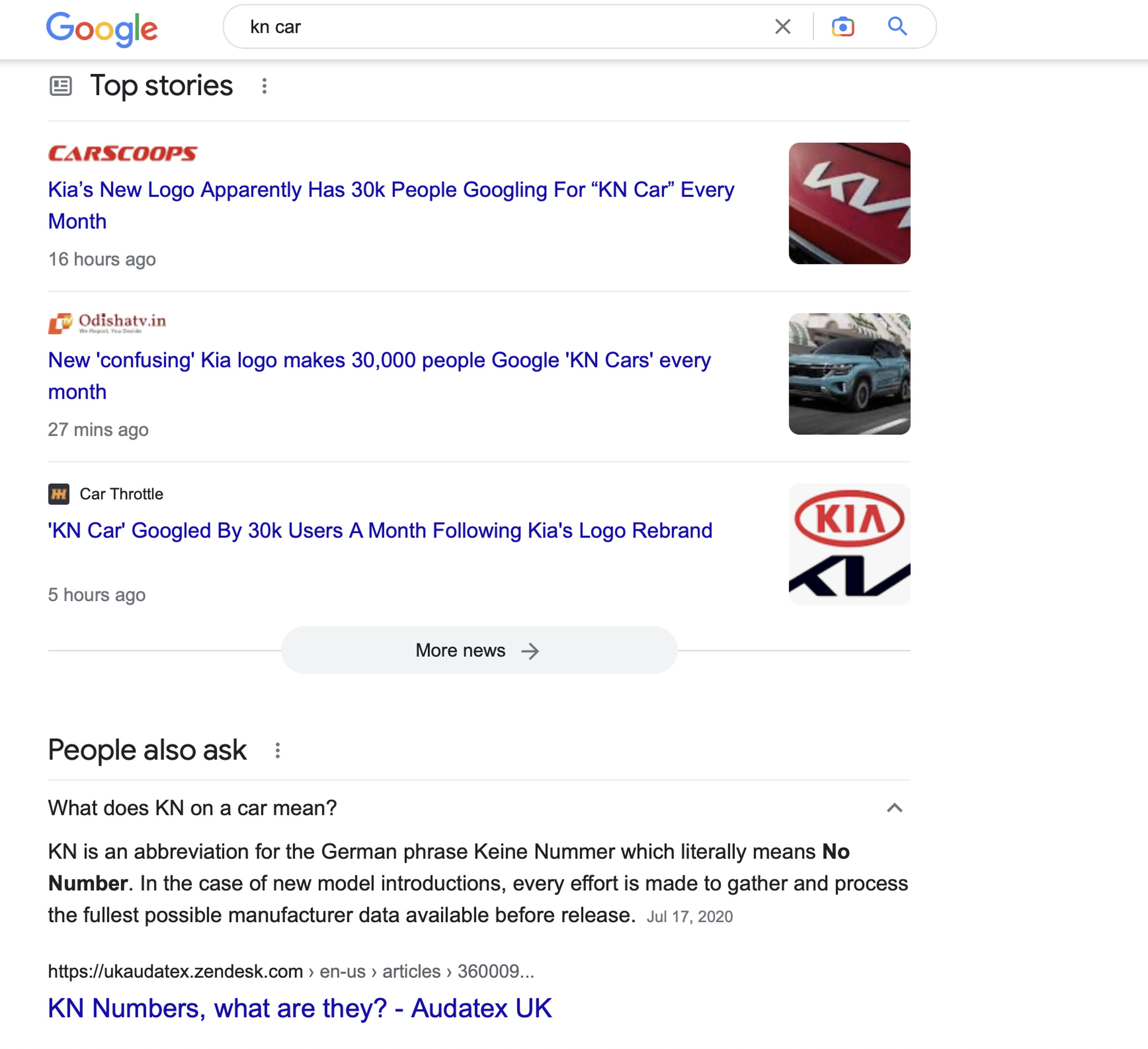 KN car の上位の Google 検索結果のスクリーンショット。3 つのニュース記事と「車の KN は何を意味するのか」の回答を示しています。