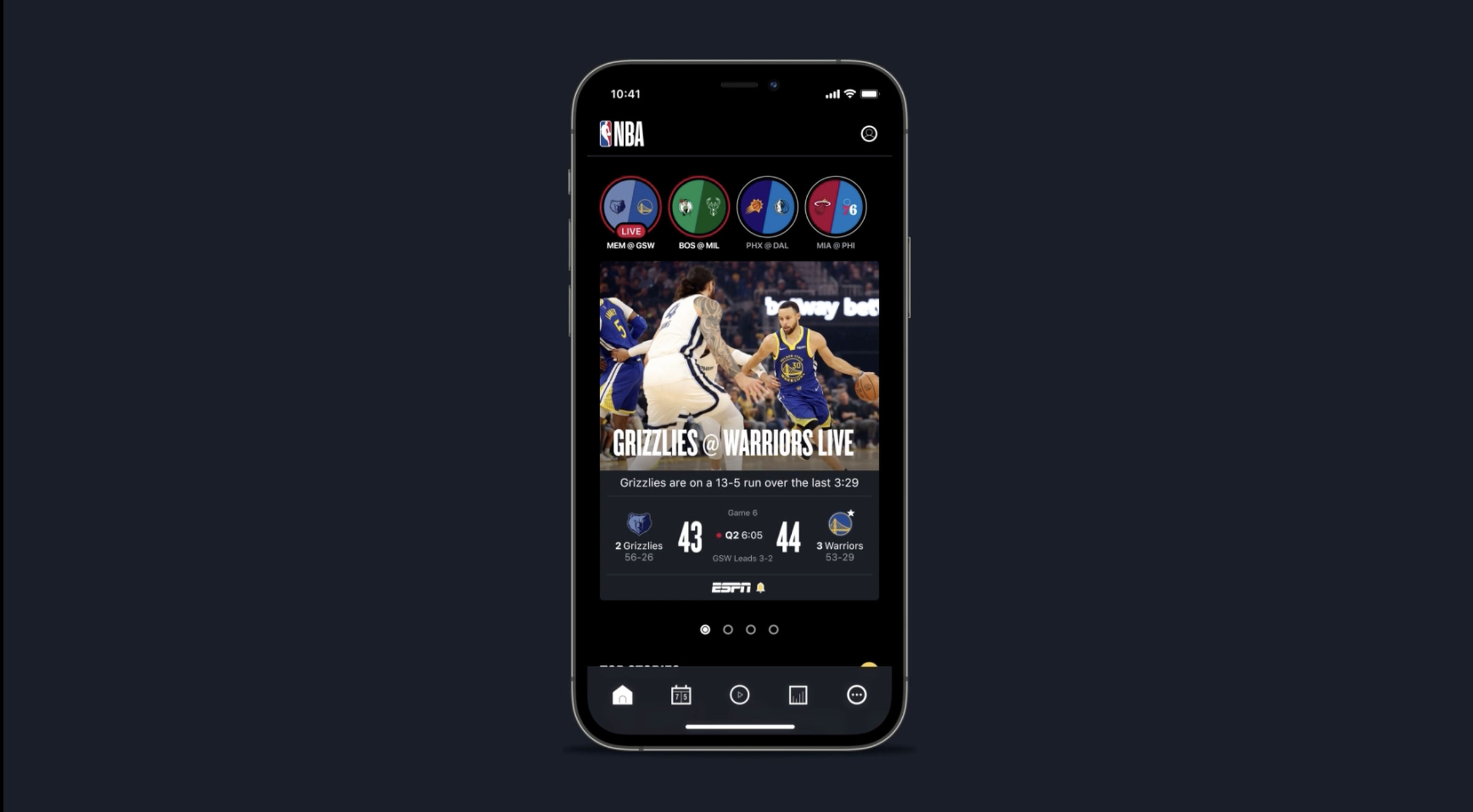 Homepage of the NBA app