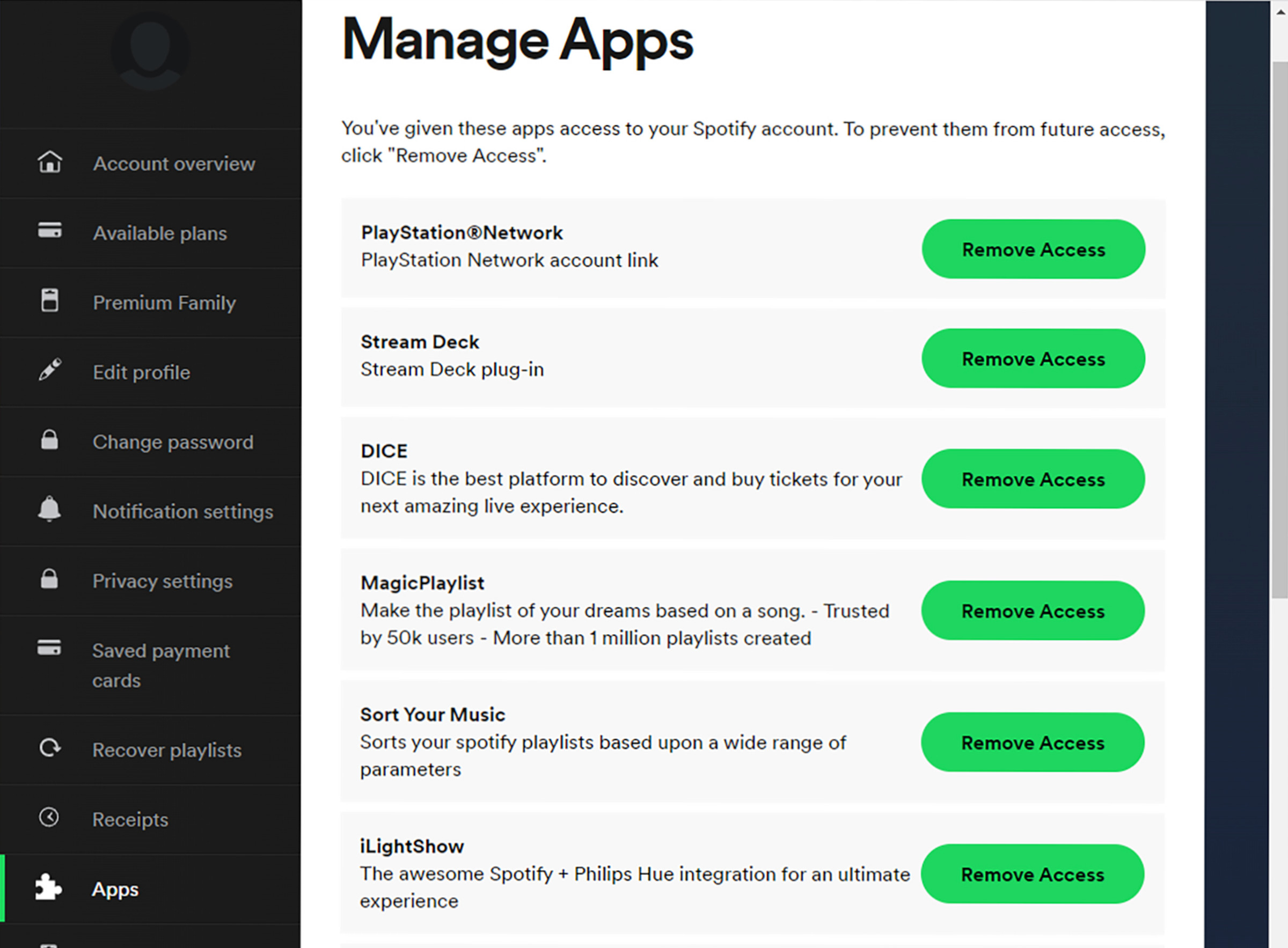 Spotify page with Manage Apps on top, a menu on the left side, and a list of apps down the center with a green Remove Access button next to each.