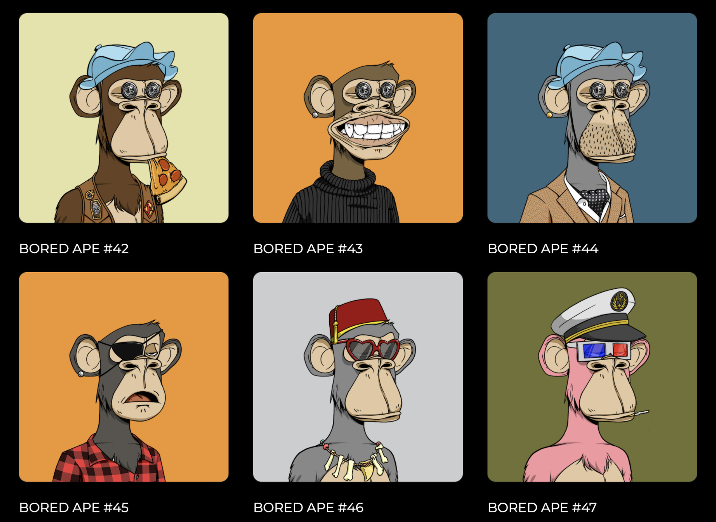 Six apes wearing different clothes and accessories. One has pizza in its mouth, another wears a flannel, another has 3D glasses.