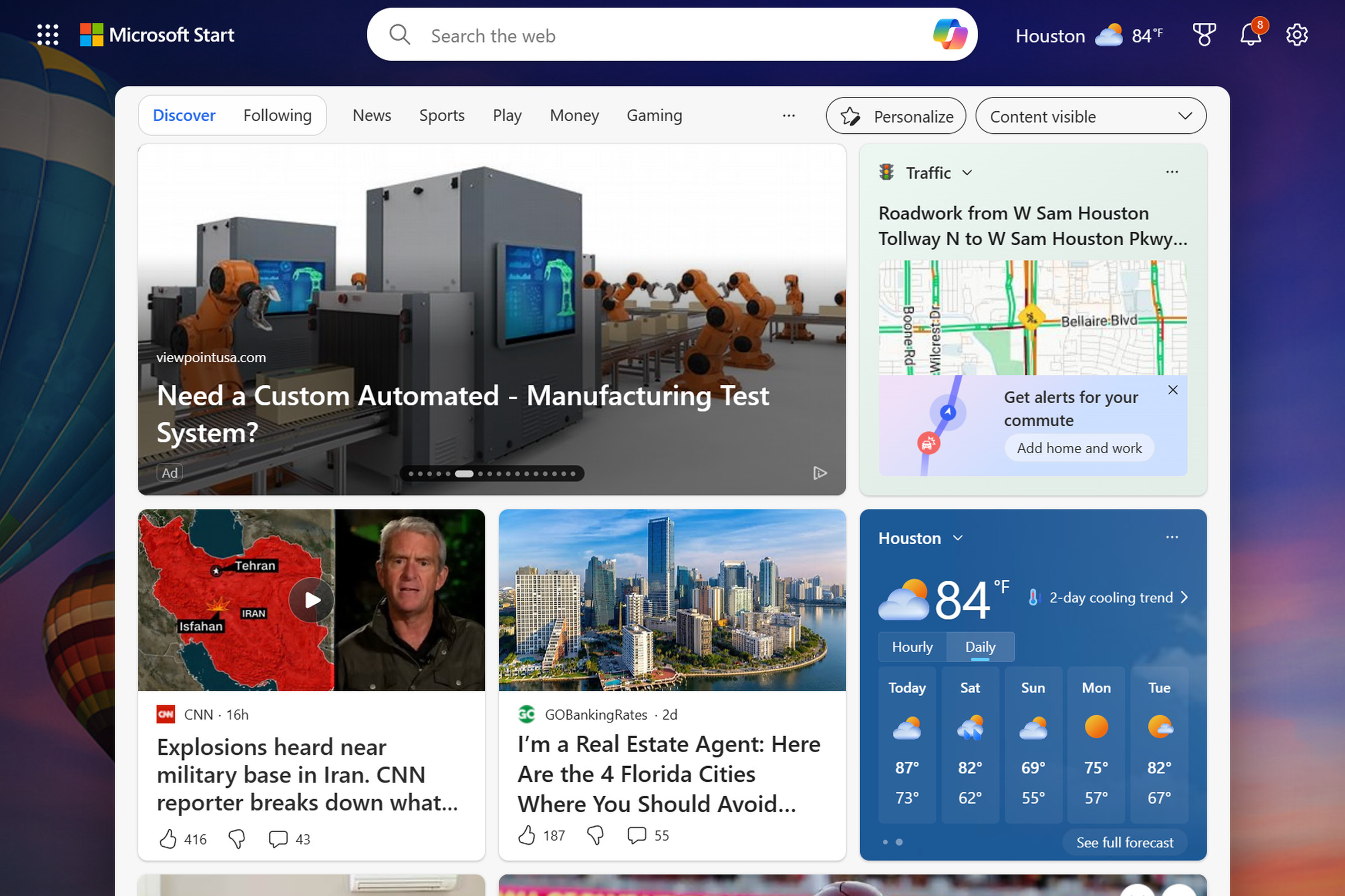 Screenshot of Microsoft Start page with lots of irrelevant information, and also the weather and traffic info