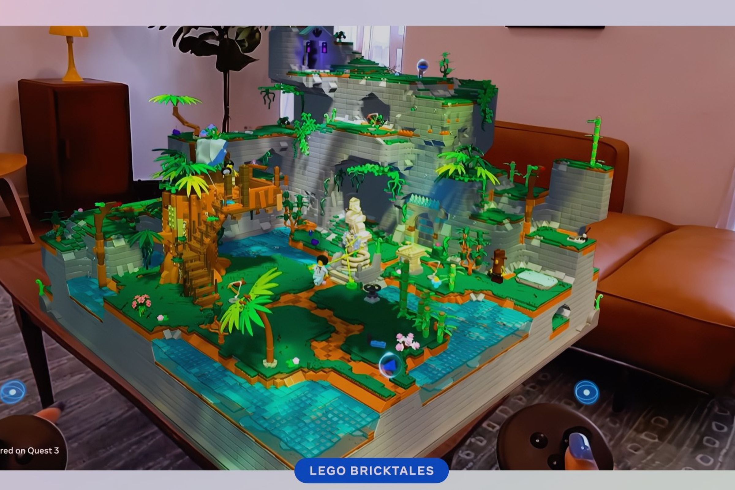 A virtual lego island paradise on a real-world living room table, with a couch in the background